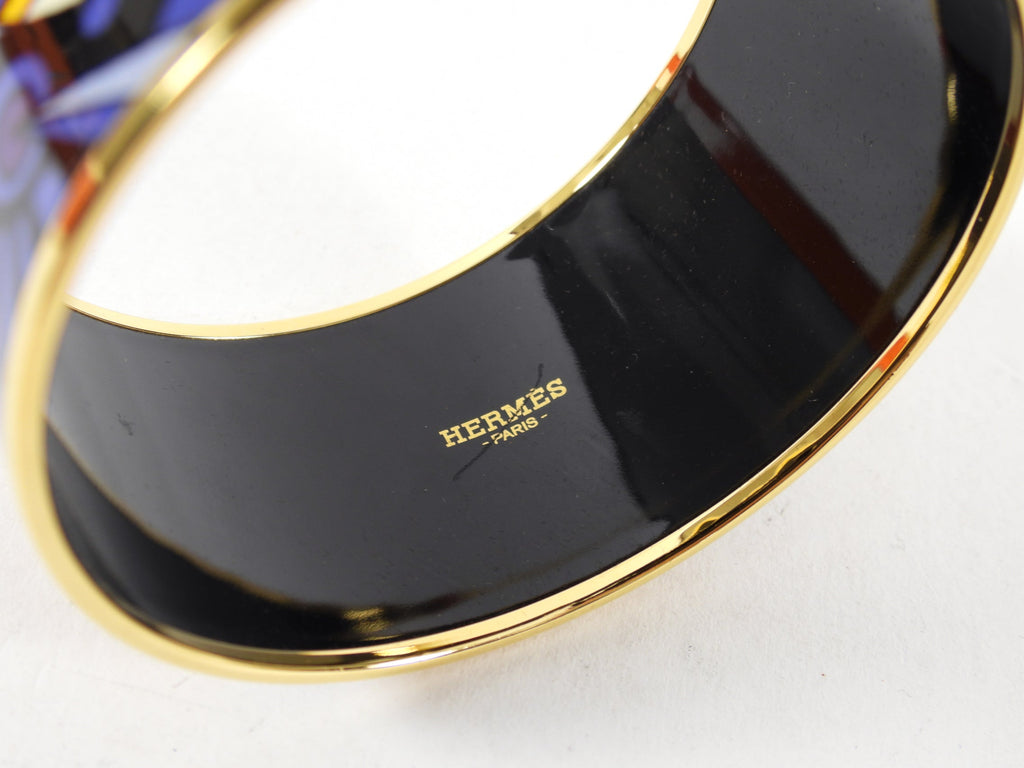 Hermes Extra Wide Printed Purple Yellow Floral Bangle Bracelet