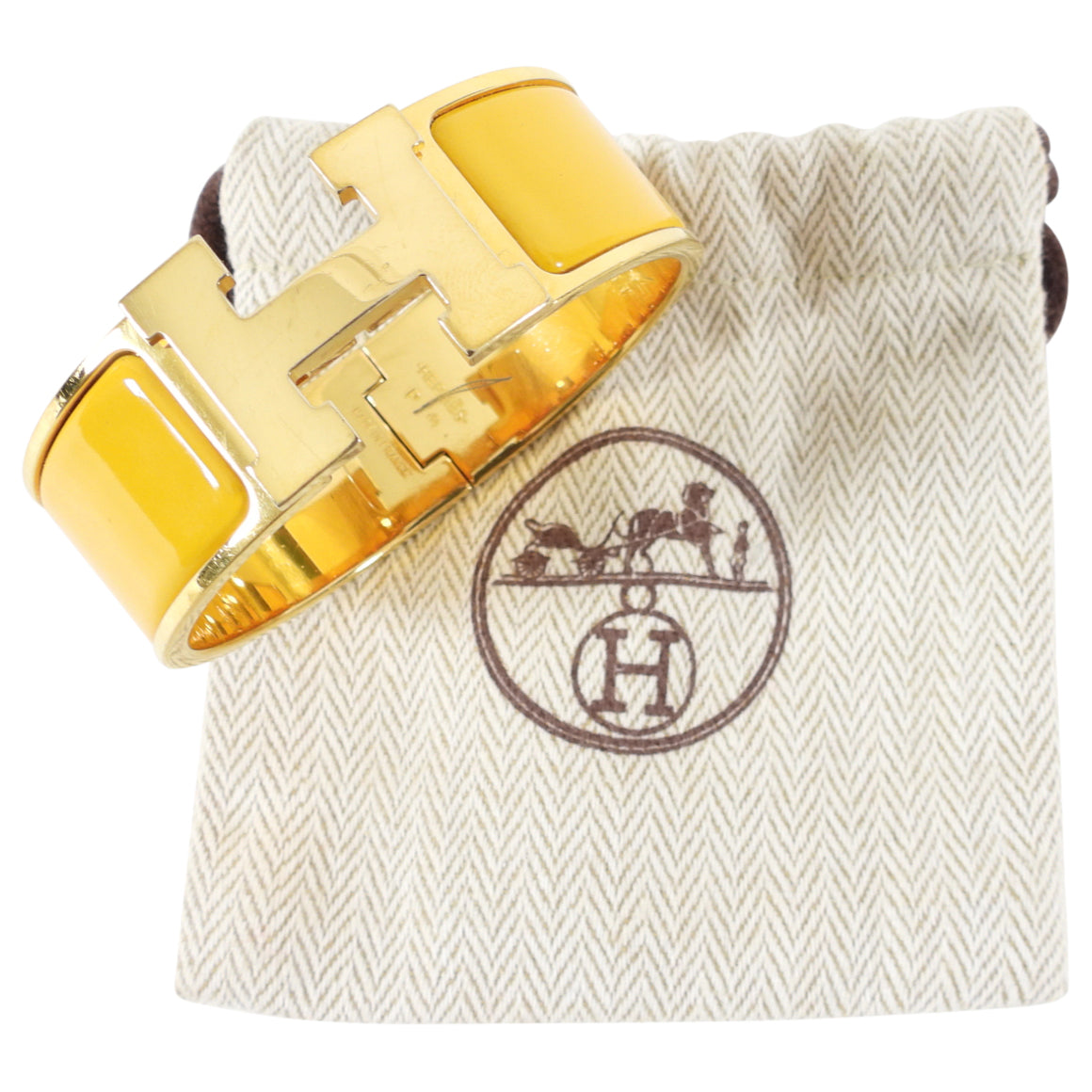 Hermes Mustard Yellow and Gold Clic H Wide Bracelet