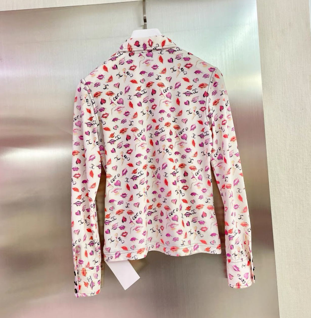 CHANEL Lips Front Opening Long Sleeve Tops Shirt White Pink