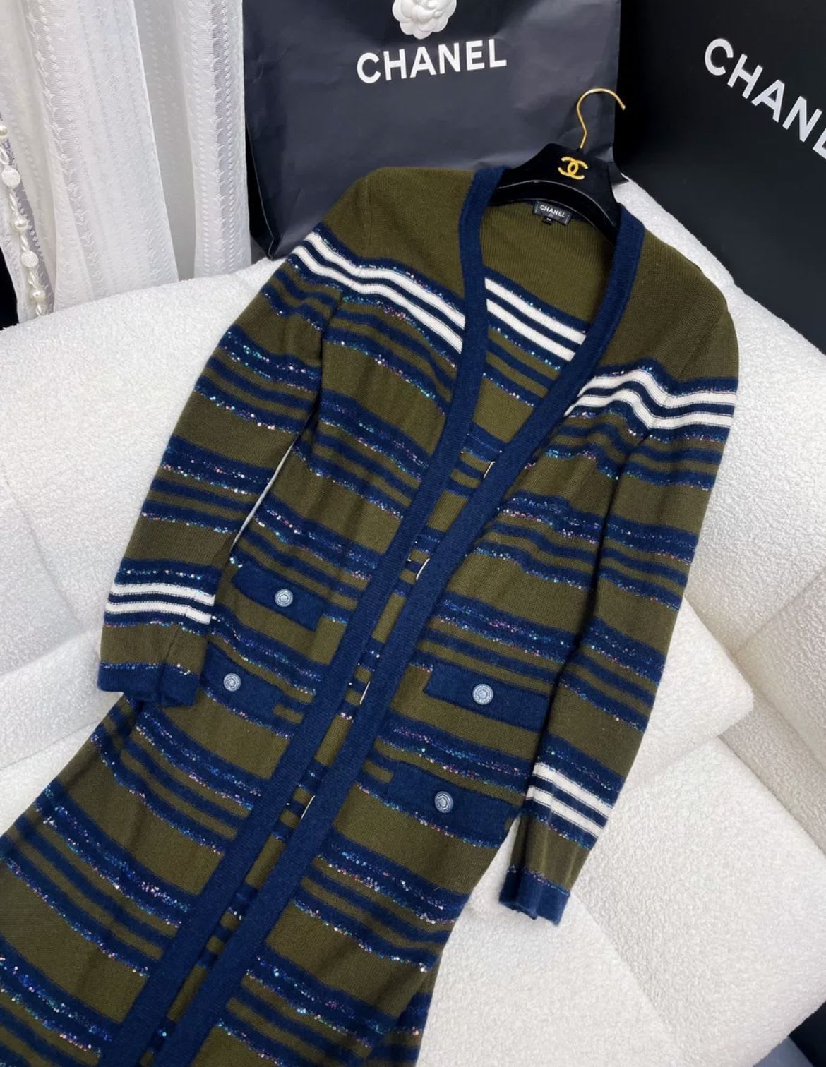 Chanel 20A dark green and blue knitted striped long igan