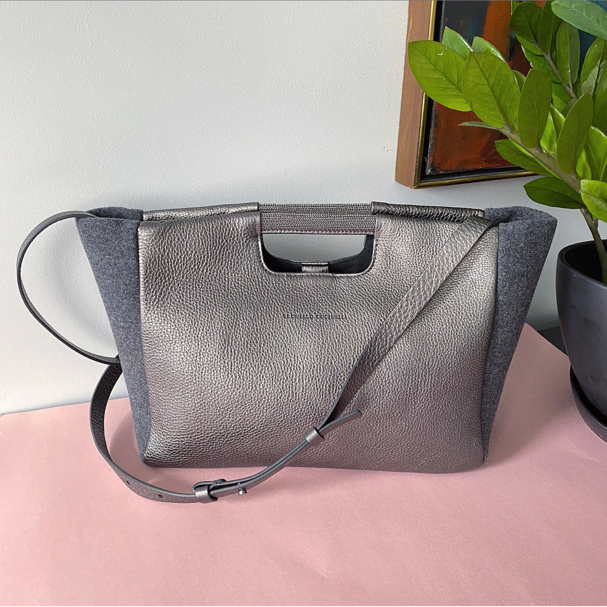 Brunello Cucinelli Grey Monili Bead Trim Small Tote Crossbody