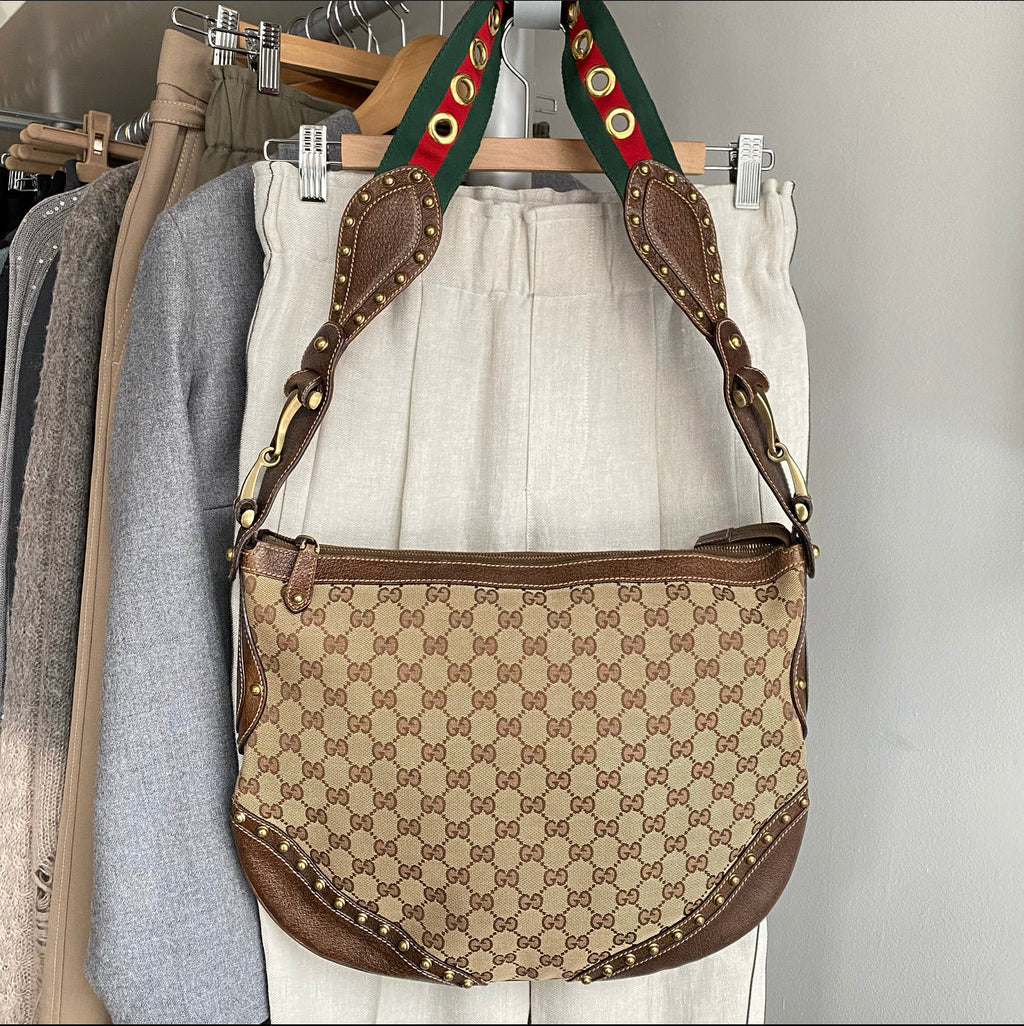 Gucci Monogram Canvas Brown Pelham Stud Hobo Bag