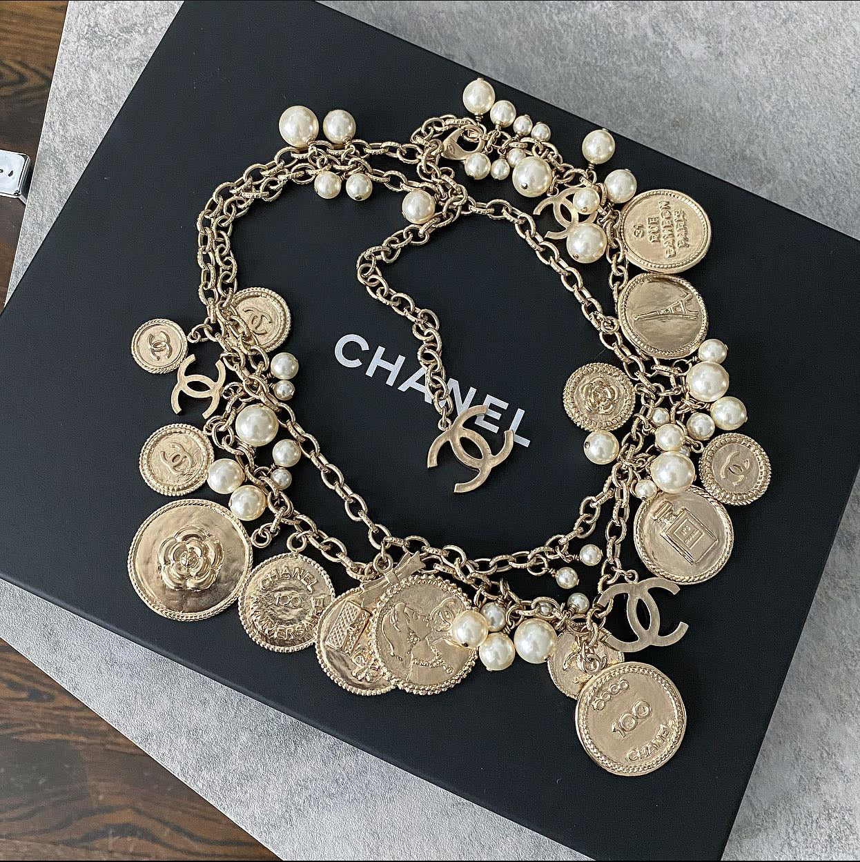 Chanel 14P 100th Anniversary Gold Coin Pearl Long Necklace