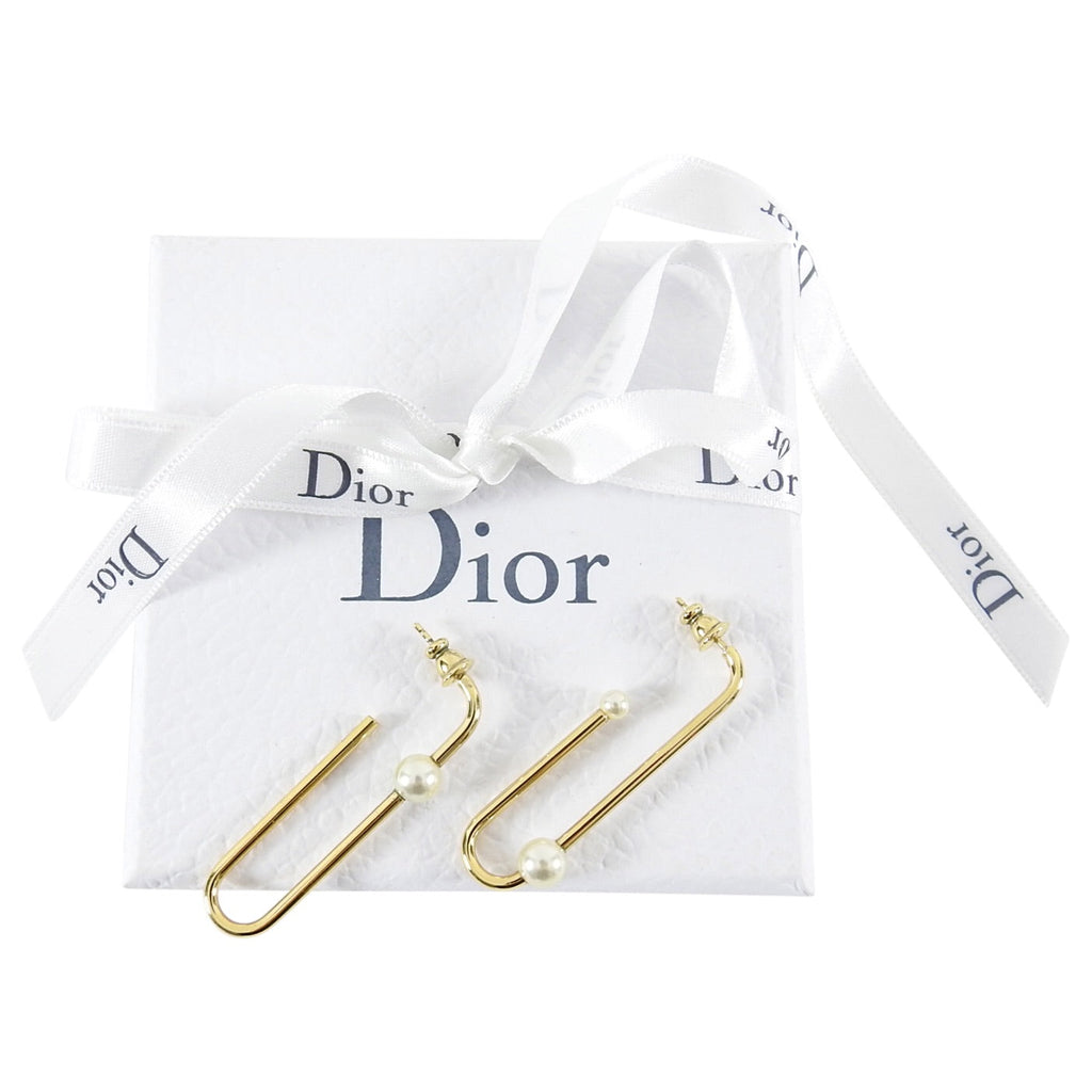 Dior Gold Wire & Pearl Long Hoop Earrings