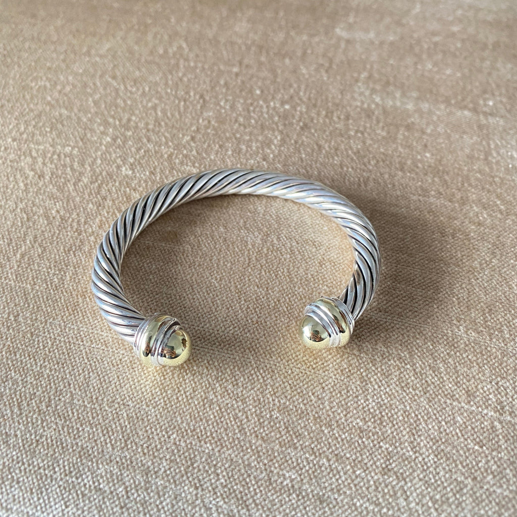 David Yurman Two Tone Classic Cable 7mm Sterling 14k Gold Cuff Bracelet