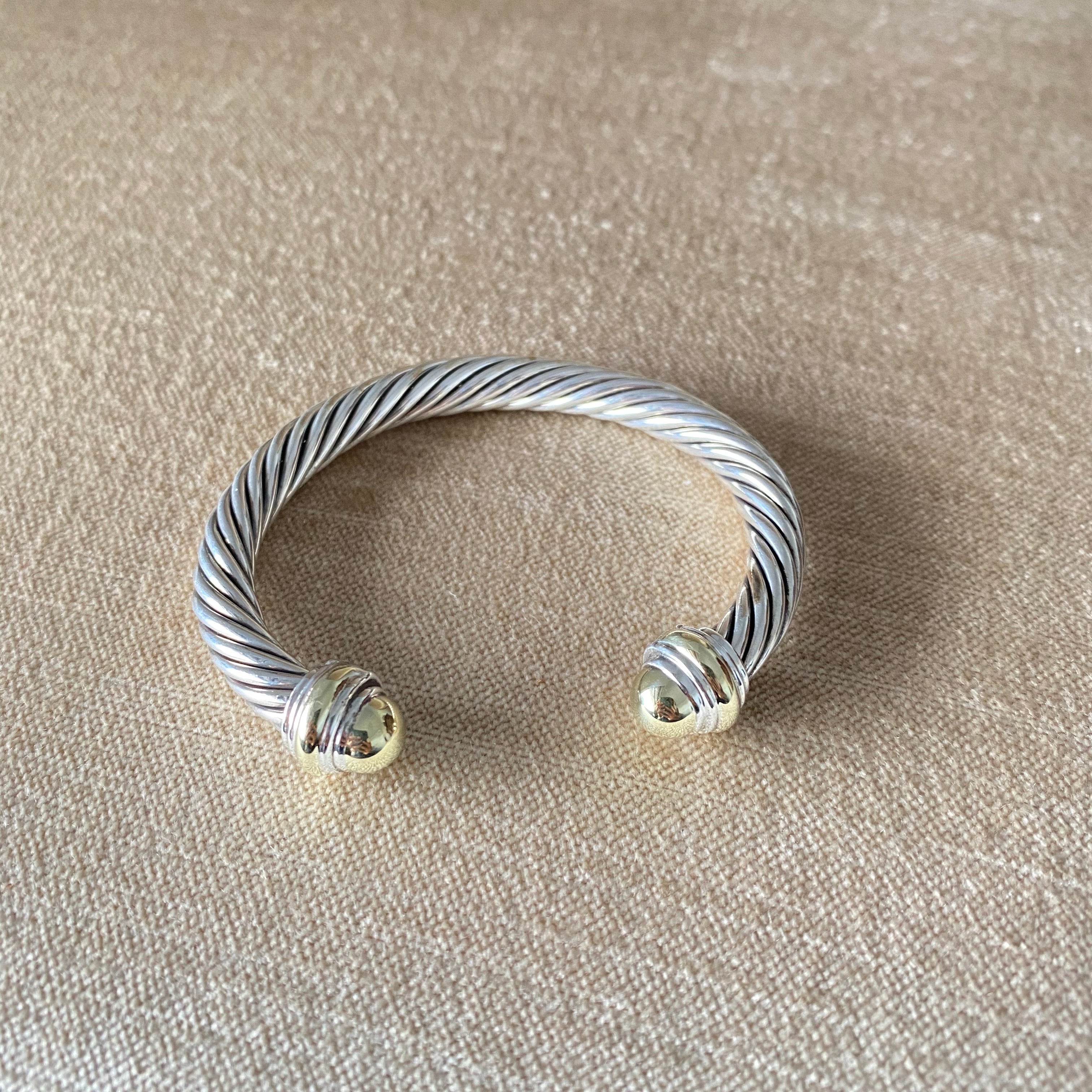 David Yurman Two Tone Classic Cable 7mm Sterling 14k Gold Cuff Bracelet