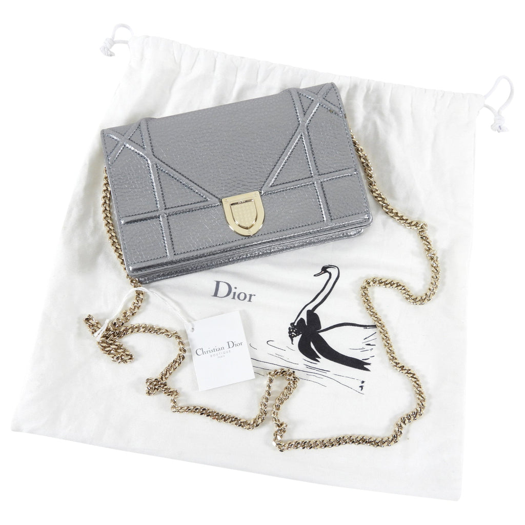 Diorama Metallic Grey Silver Calf Crossbody Wallet on Chain Bag