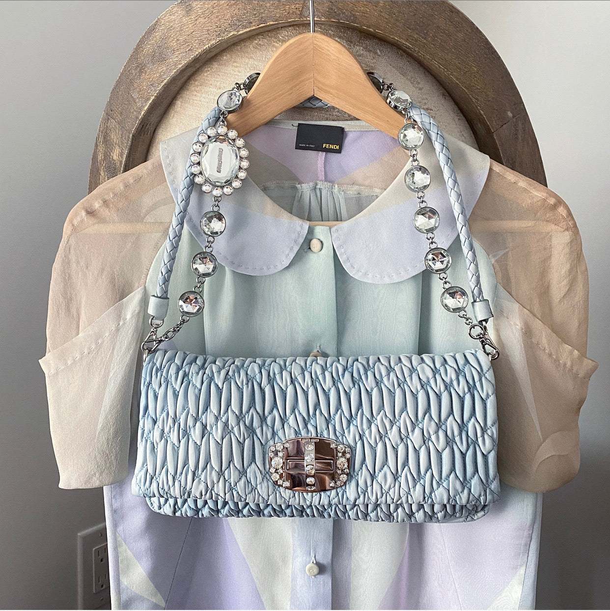 Miu Miu light blue Matelasse Crystal Flap Bag