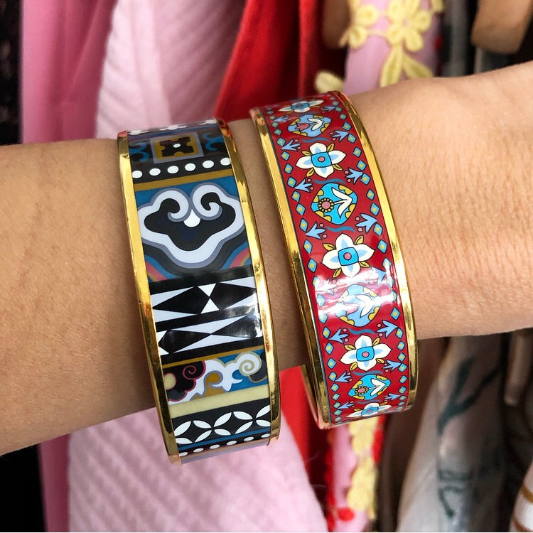 Hermes Blue Geo Gold Printed Enamel Wide Bangle Bracelet