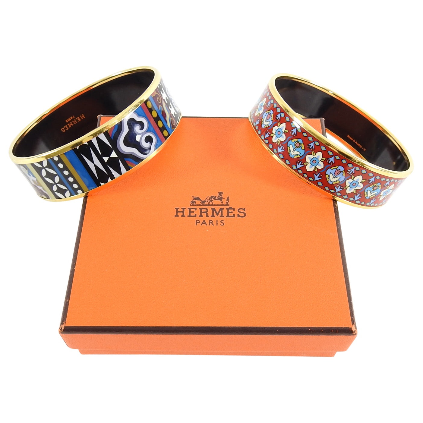 Hermes Blue Geo Gold Printed Enamel Wide Bangle Bracelet