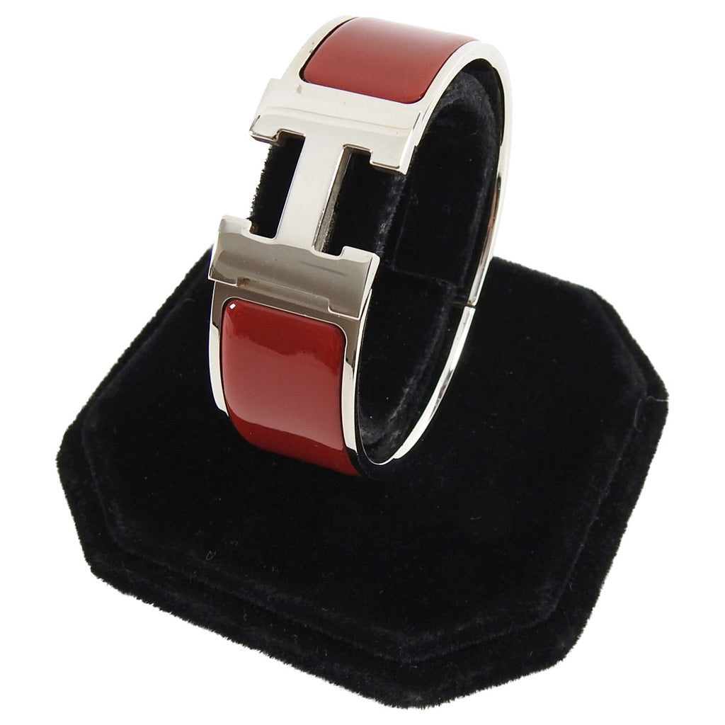 Hermes Red and Silver Clic Clack H Bangle Bracelet