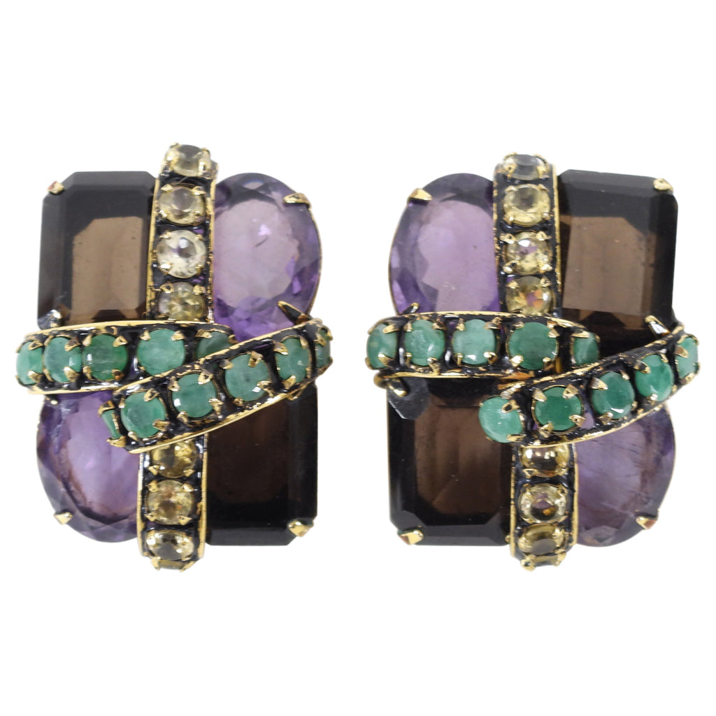 Iradj Moini Large Amethyst Smoky Topaz Citrine Statement Clip Earrings