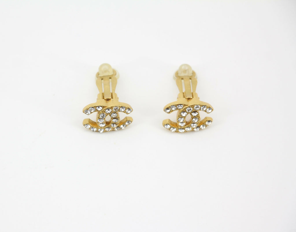 Chanel Vintage 02A Rhinestone Gold-plated CC Mark Clip-on Earrings