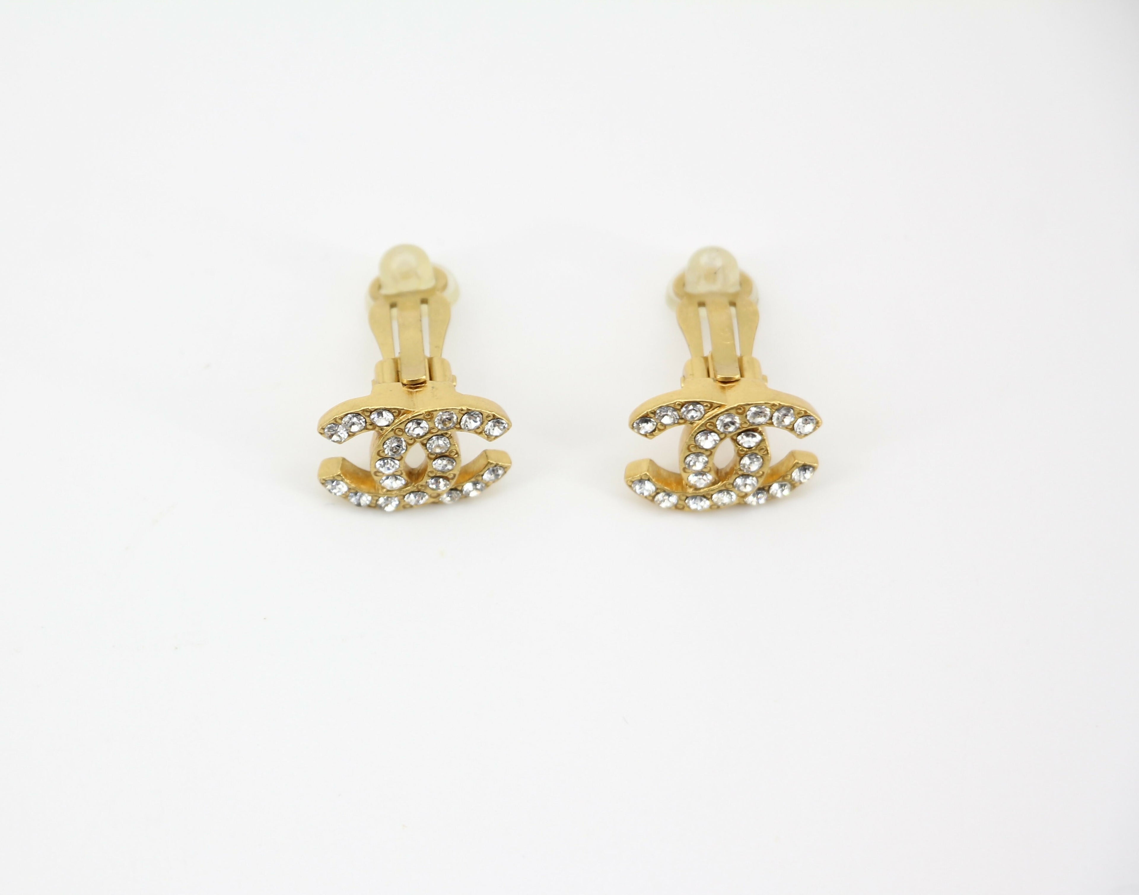 Chanel Vintage 02A Rhinestone Gold-plated CC Mark Clip-on Earrings
