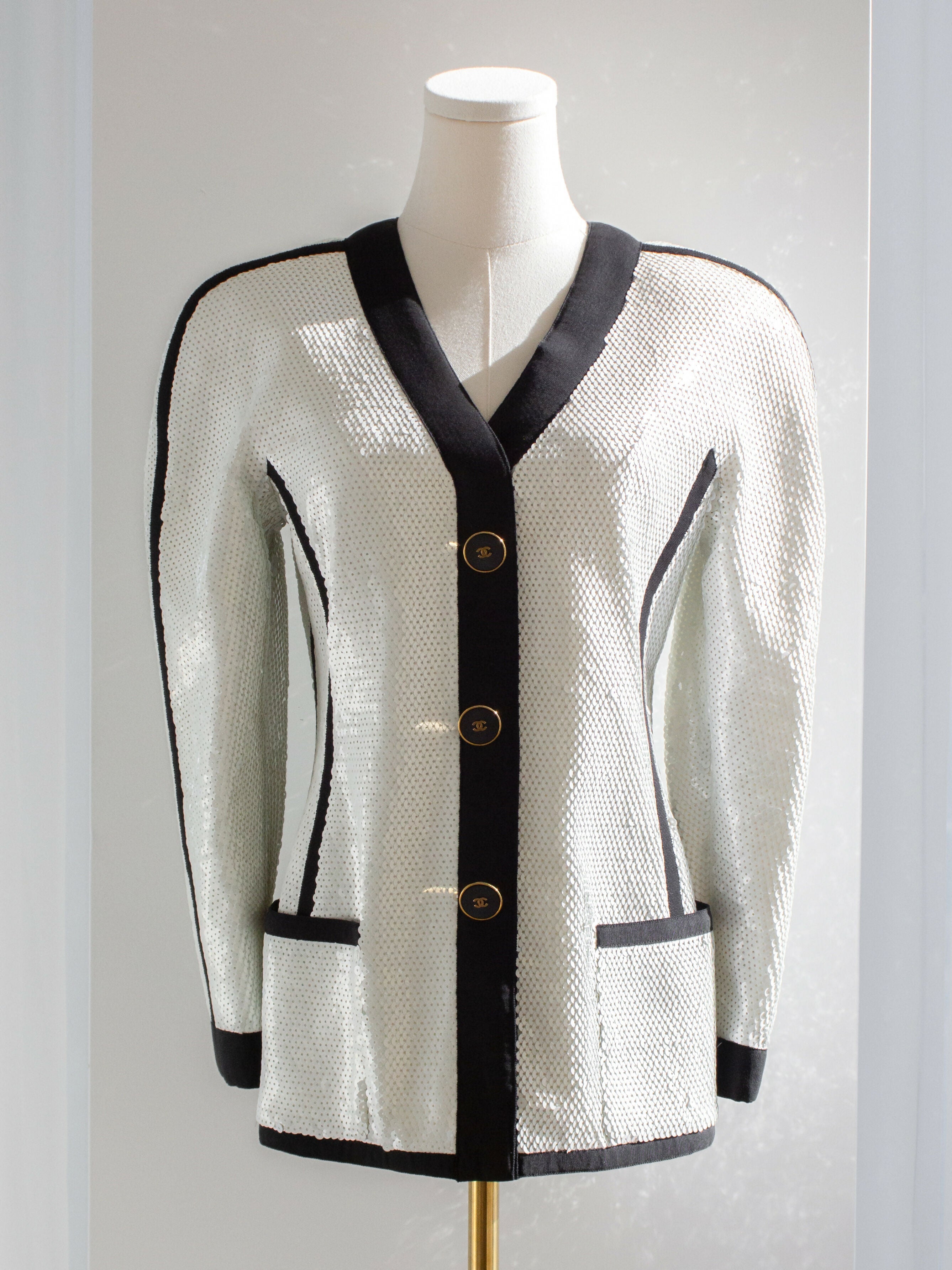 Chanel Vintage S/S 1991 Collector White Black Sequin CC Scuba Jacket