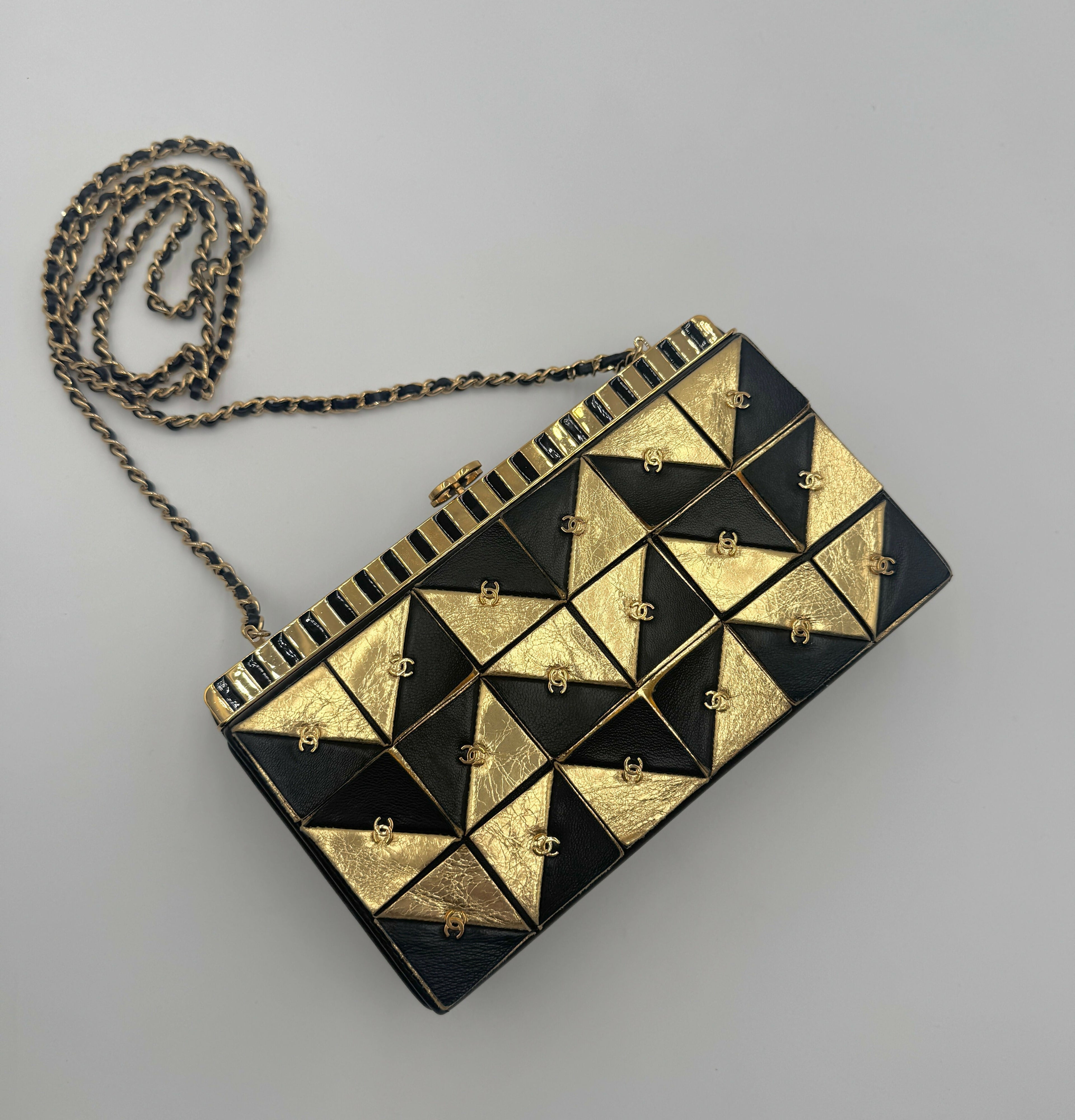 Chanel 19A Paris-New York Egypt Gold & Black Framed Minaudière Clutch Bag