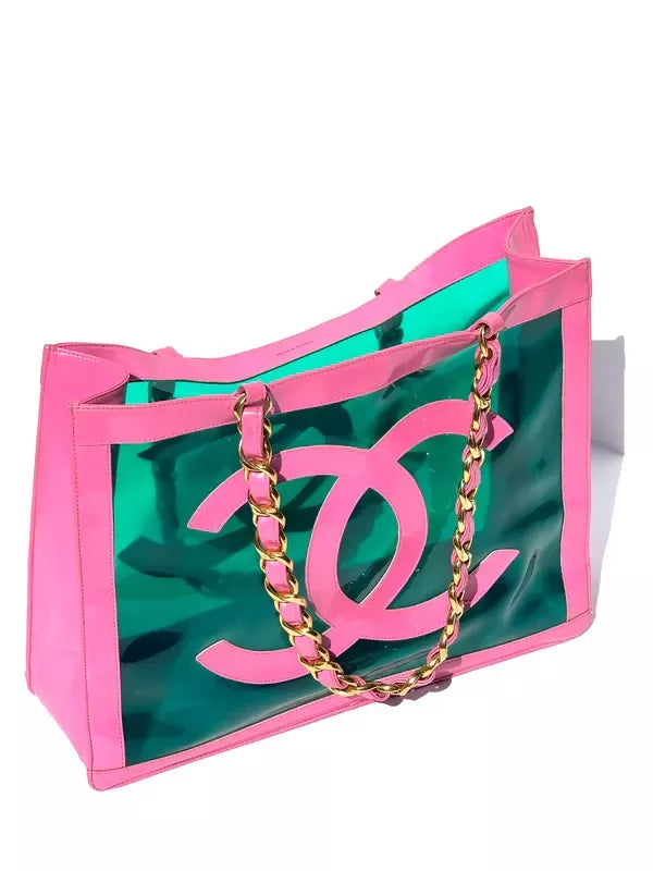 Chanel 1995 Vintage Barbie Pink Patent PVC Chunky Chain Tote Bag