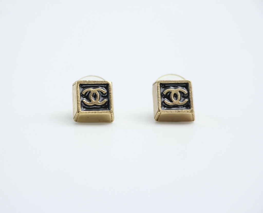 Chanel Vintage 03P Metal Square Black Stud Earrings