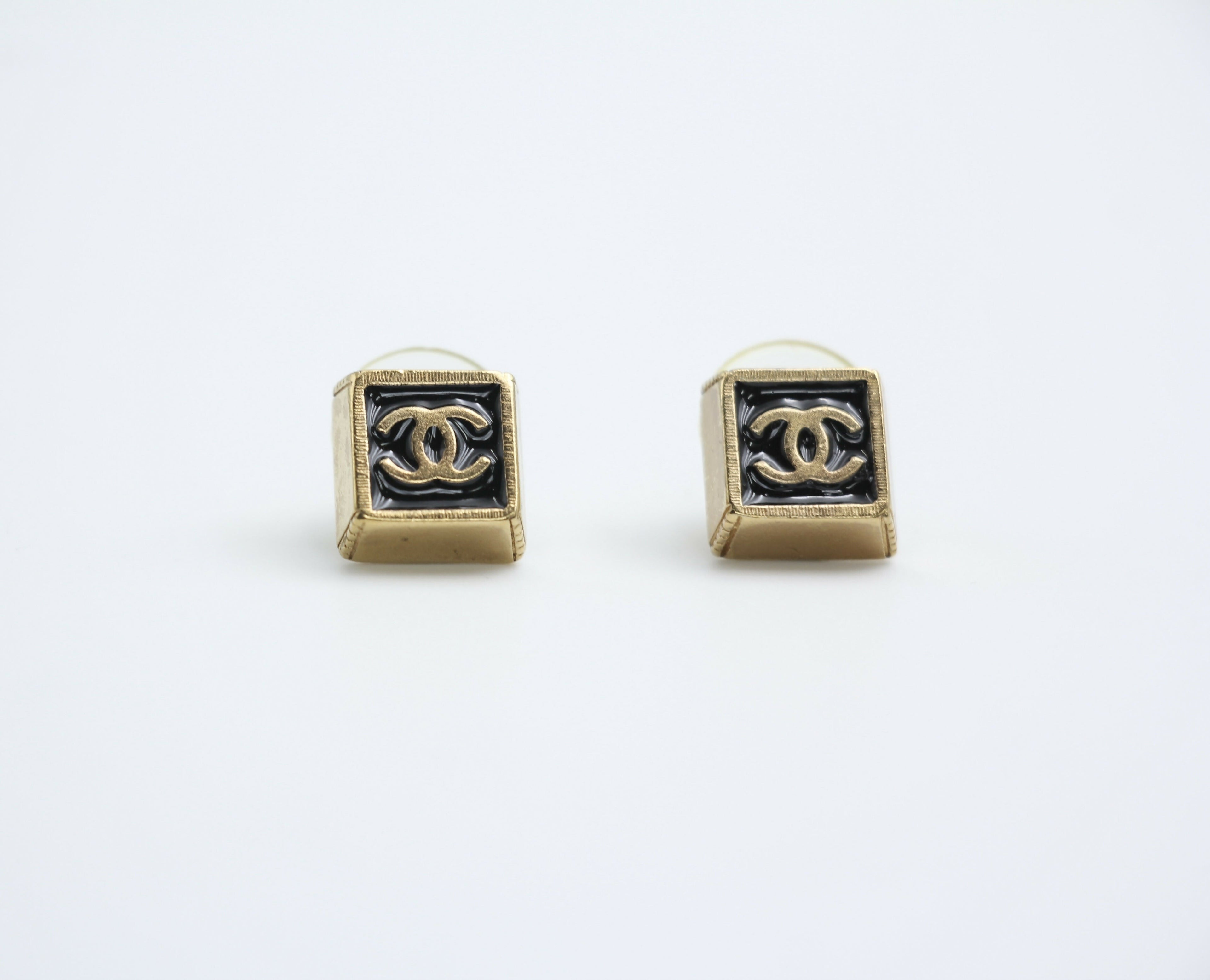 Chanel Vintage 03P Metal Square Black Stud Earrings