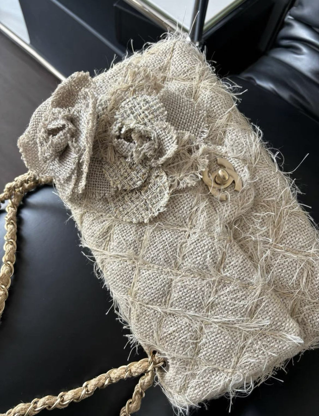 Chanel Camellia Linen Matelasse Chain Flap Bag