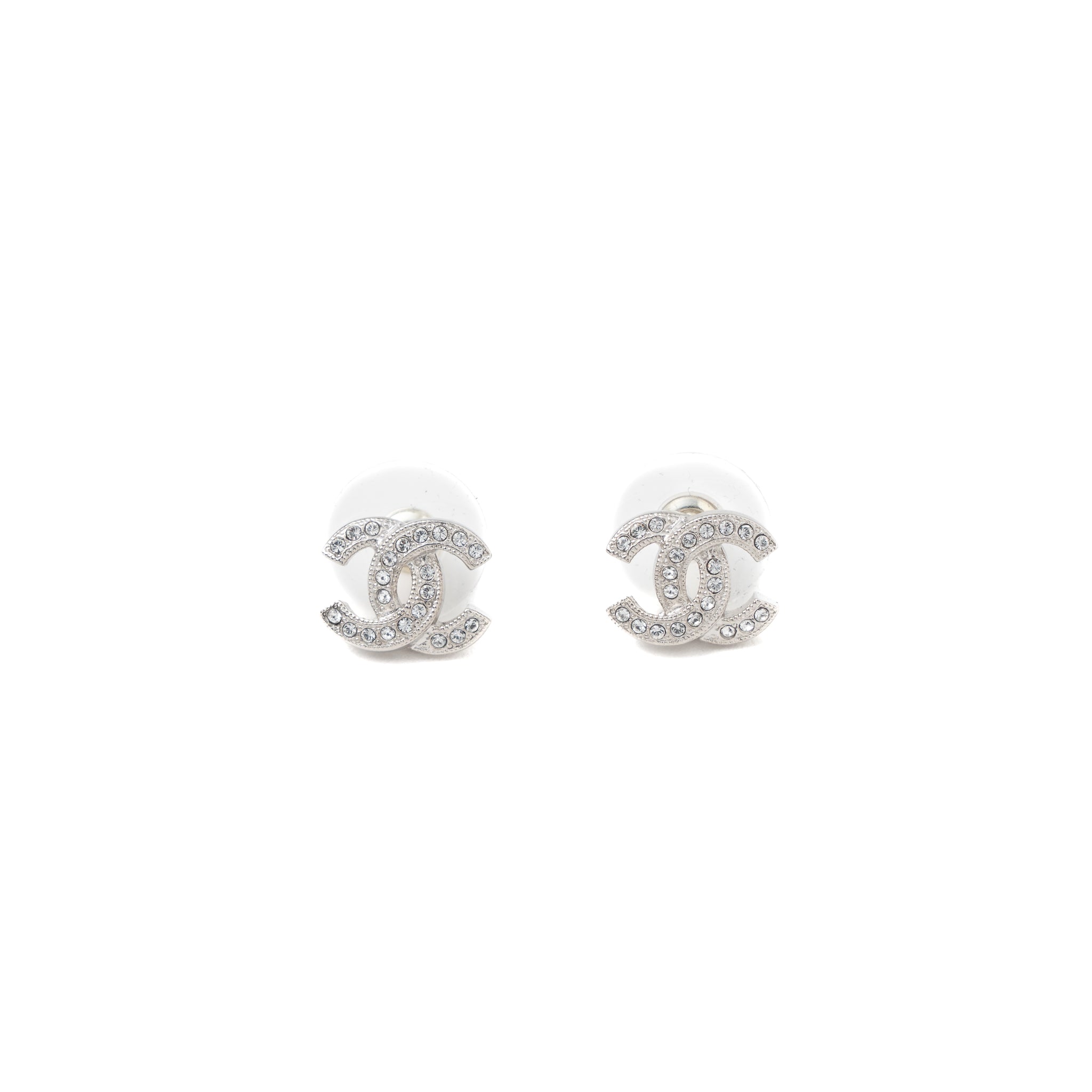 Chanel Classic Mini CC Logo Earrings Silver Tone