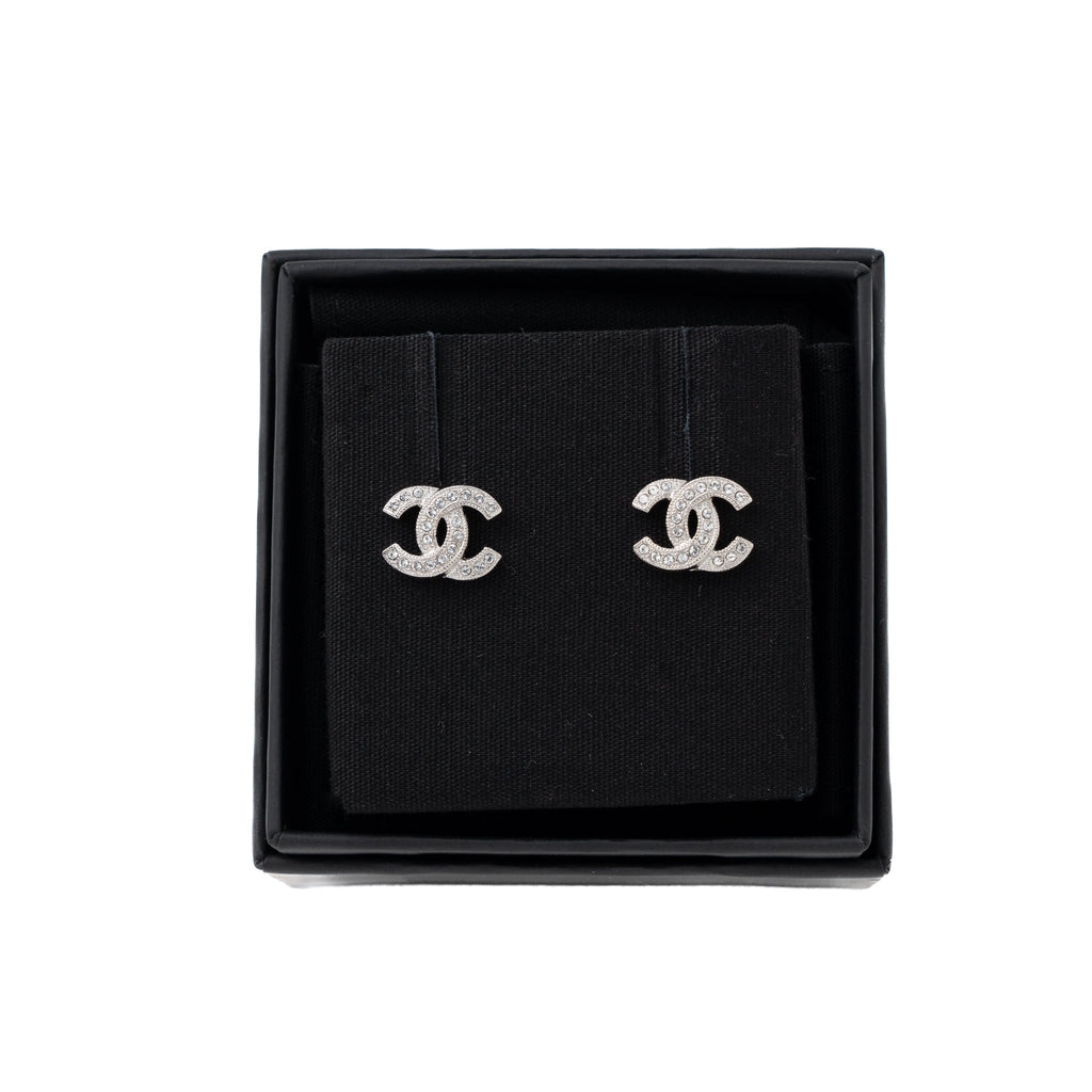 Chanel Classic Mini CC Logo Earrings Silver Tone