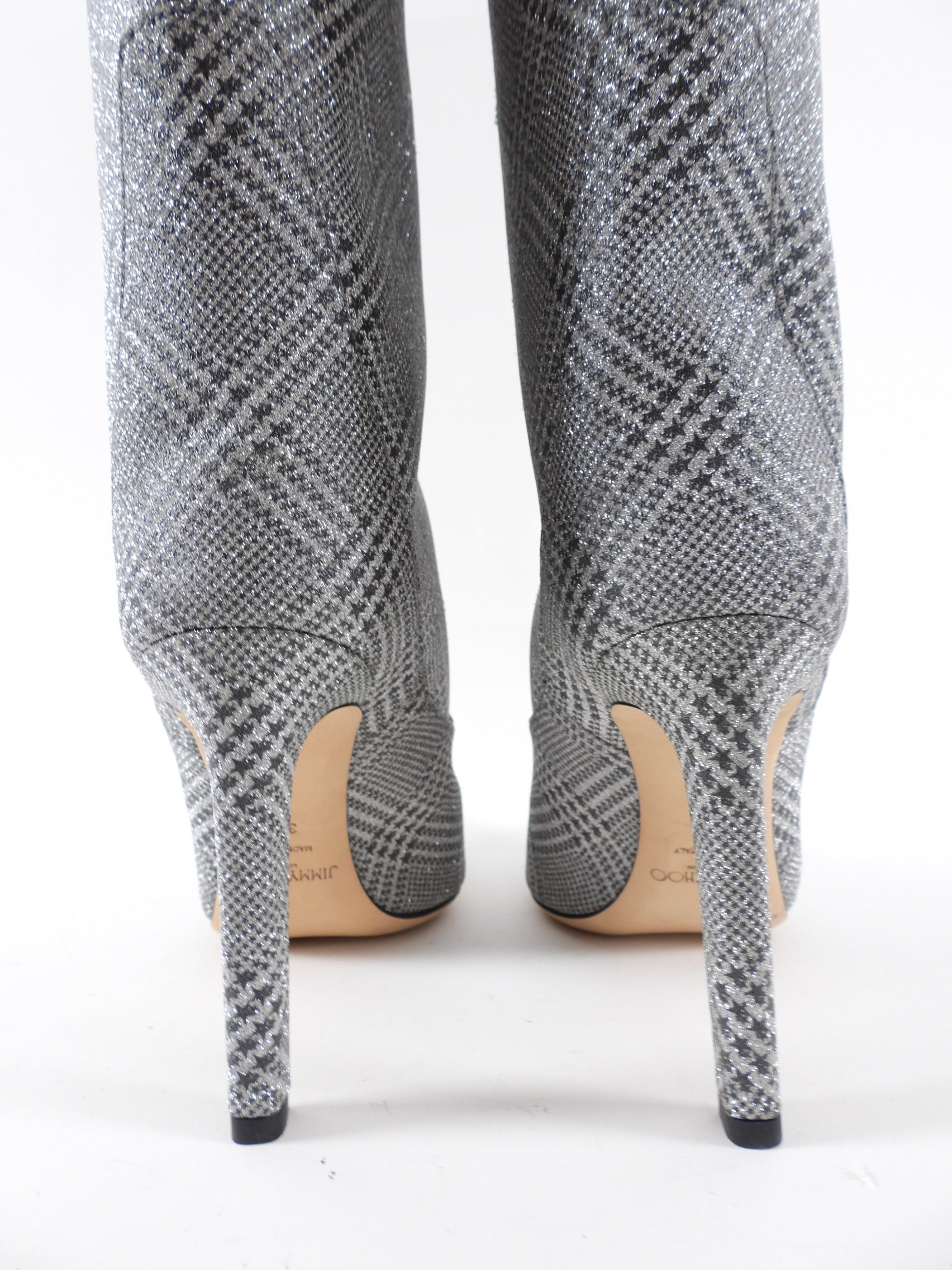 Jimmy Choo Mavis Silver Houndstooth Glitter Tall Boots - 38