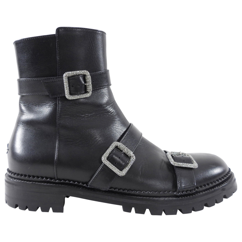 Jimmy Choo Black Leather Jewel Buckle Ankle Boots - 40