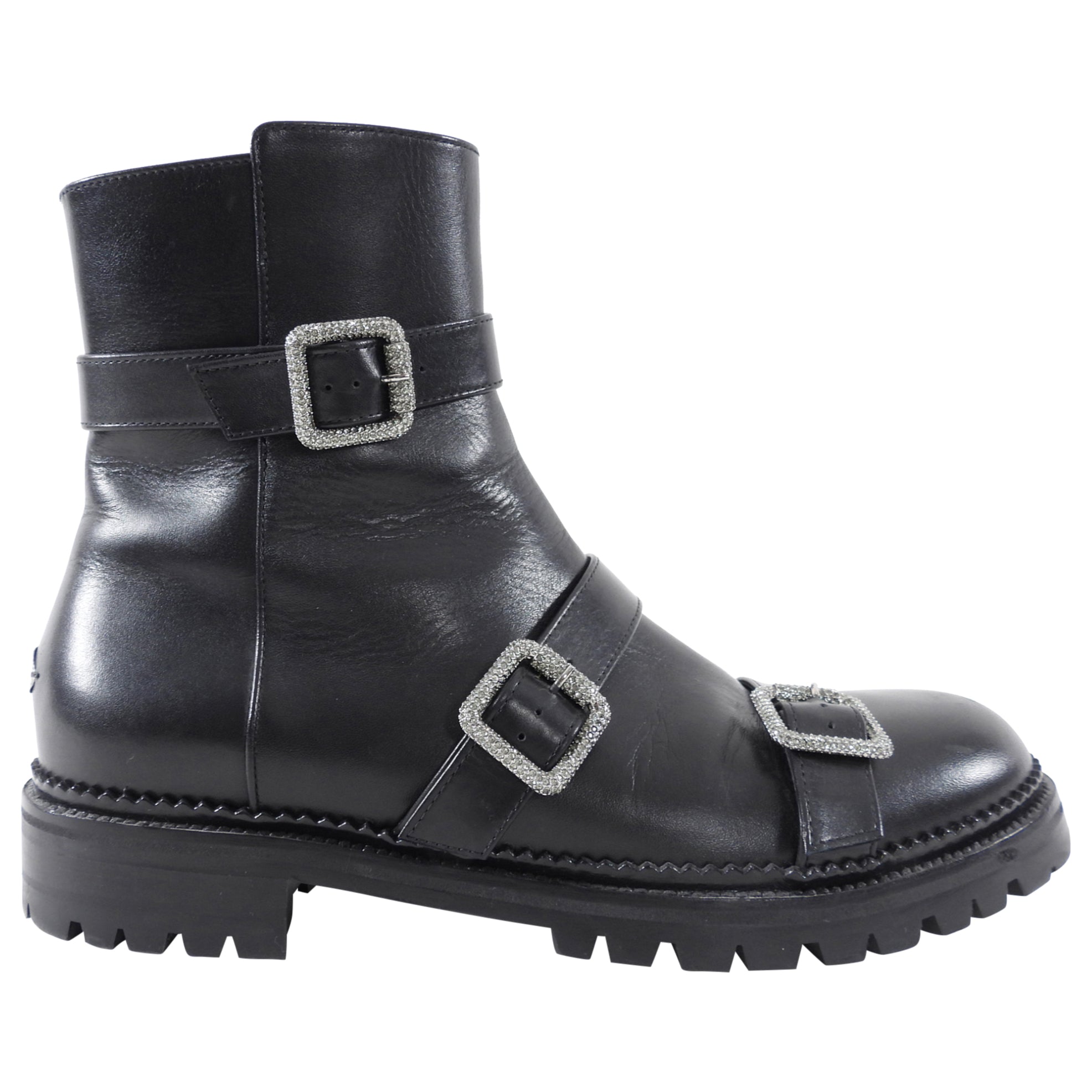 Jimmy Choo Black Leather Jewel Buckle Ankle Boots - 40
