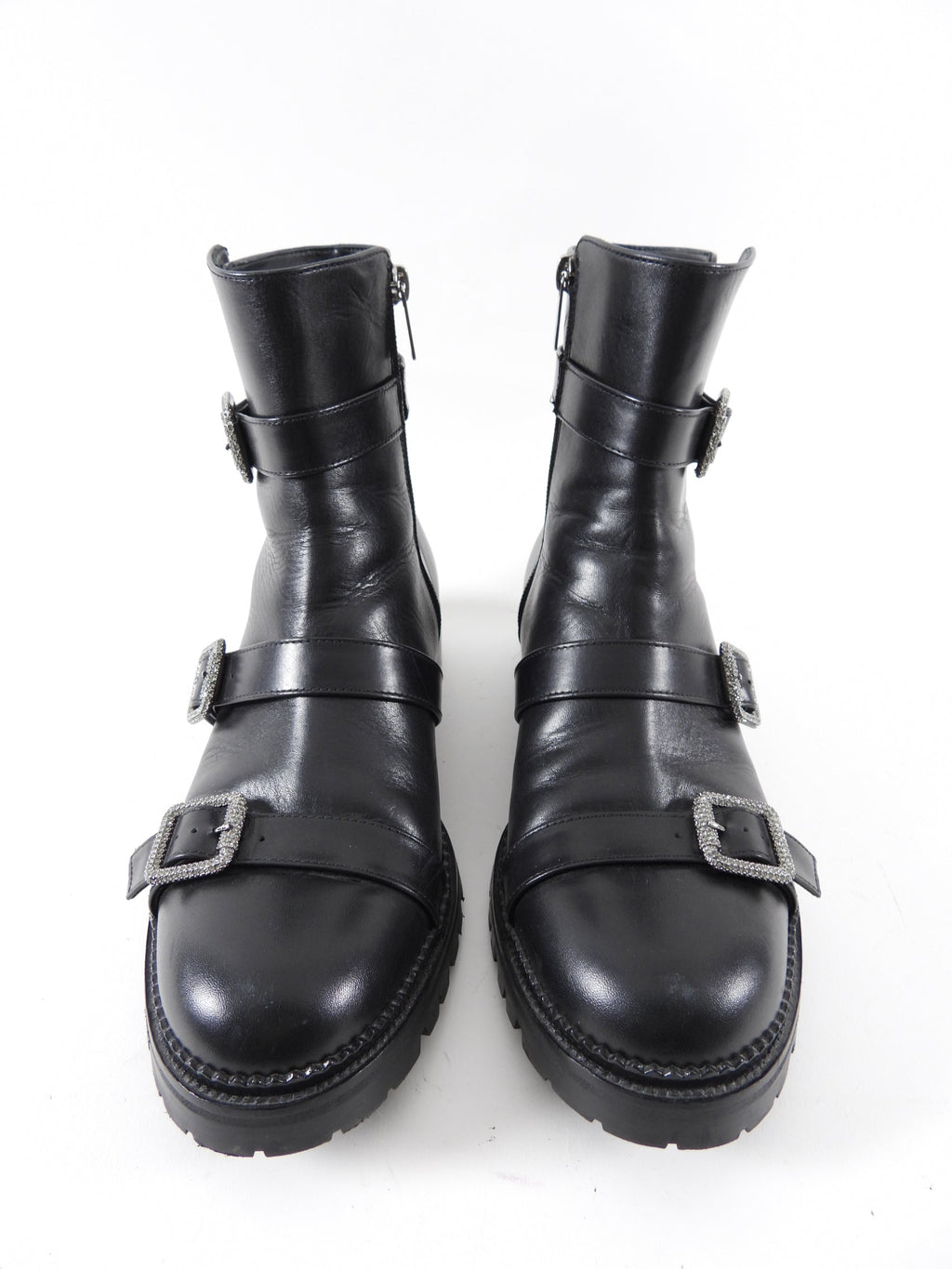 Jimmy Choo Black Leather Jewel Buckle Ankle Boots - 40