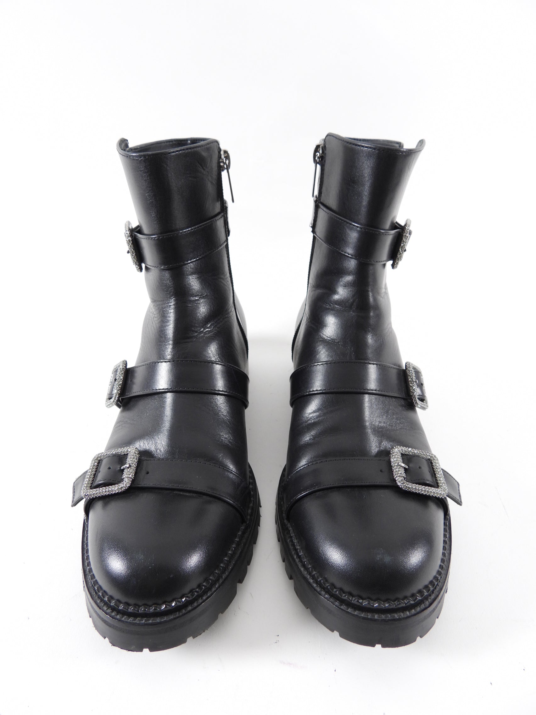 Jimmy Choo Black Leather Jewel Buckle Ankle Boots - 40