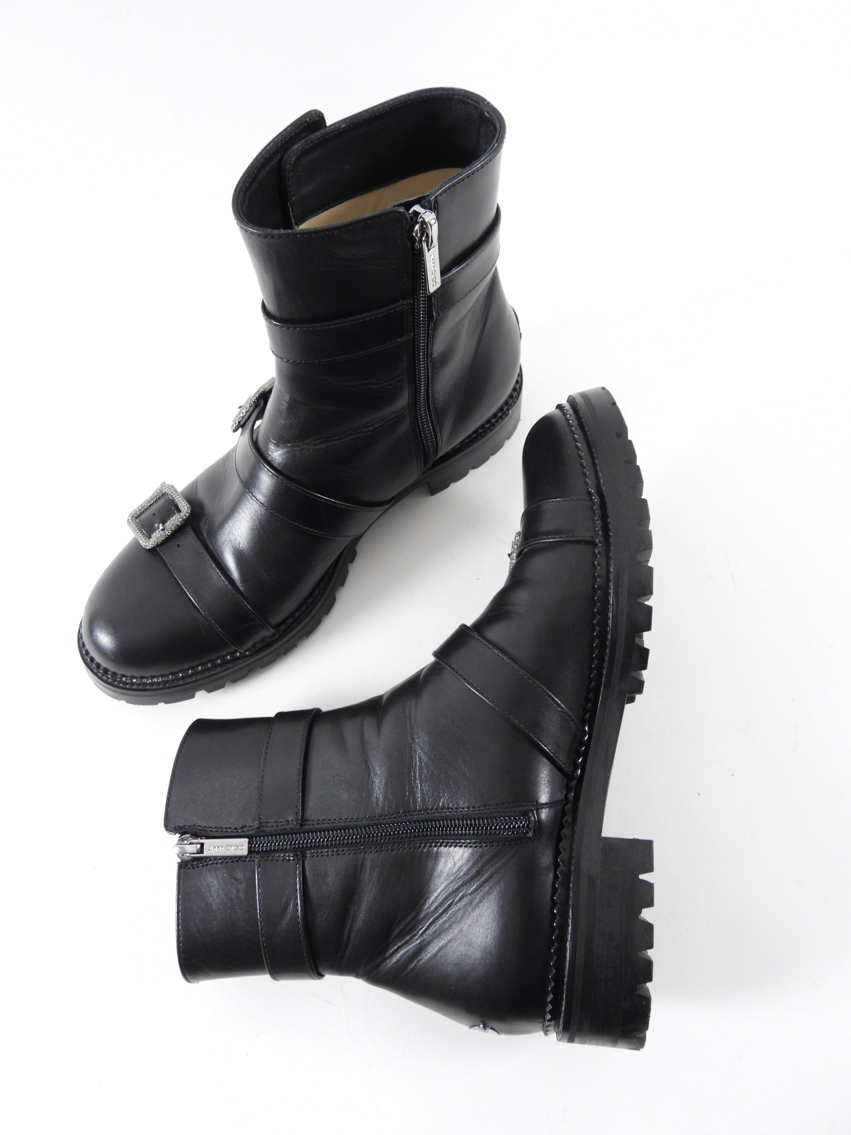 Jimmy Choo Black Leather Jewel Buckle Ankle Boots - 40