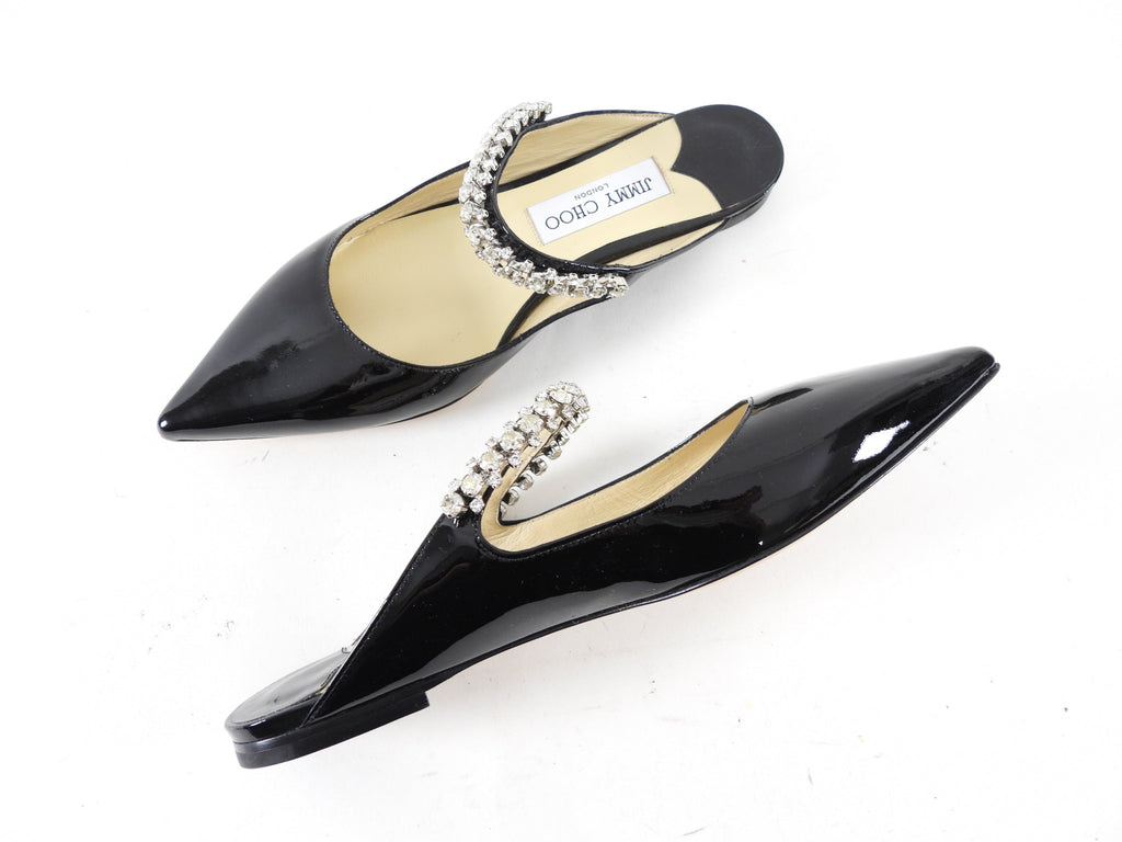 Jimmy Choo Black Patent Flat Crystal Embellished Mule - 36.5