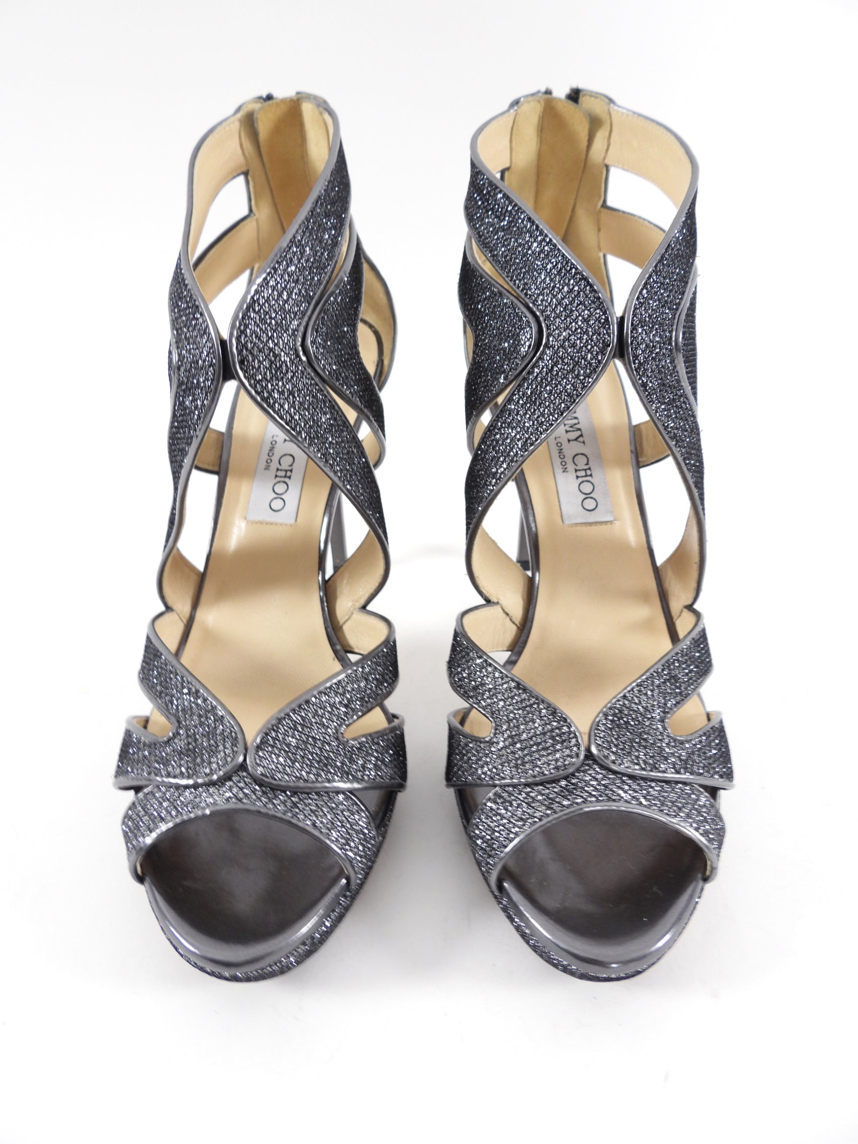 Jimmy Choo Pewter Sparkle Gladiator Heel - 38 / 8