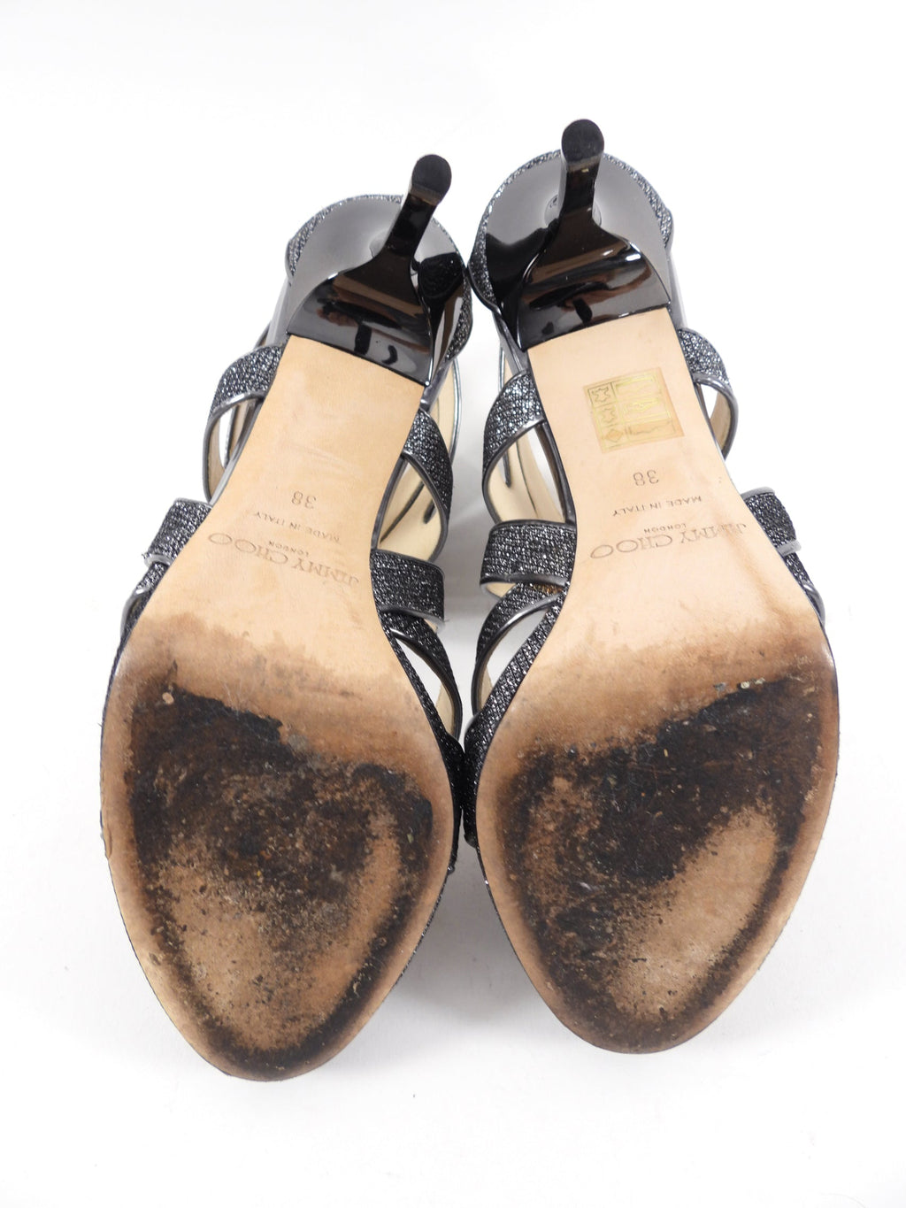 Jimmy Choo Pewter Sparkle Gladiator Heel - 38 / 8