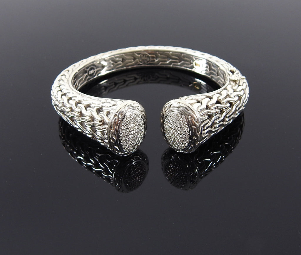 John Hardy 18k and Sterling Pave Diamond Classic Chain Kick Cuff Bracelet