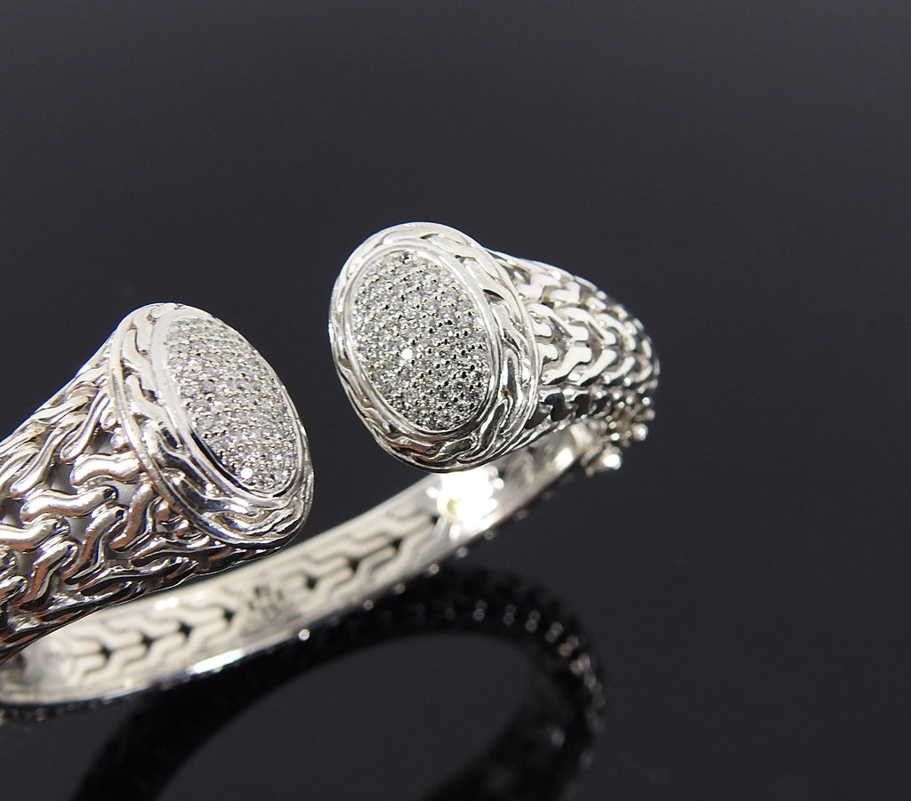 John Hardy 18k and Sterling Pave Diamond Classic Chain Kick Cuff Bracelet