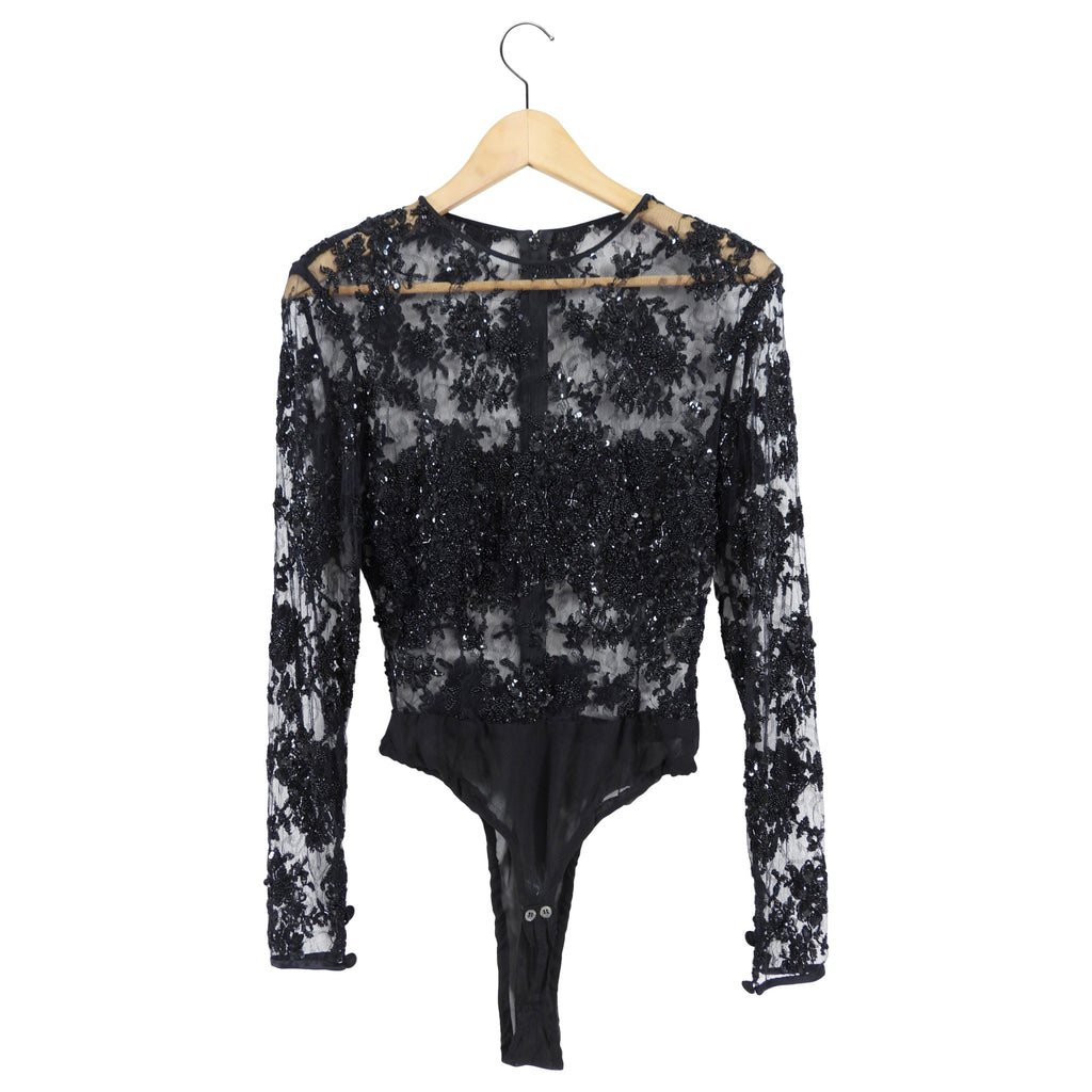 Juanita Sabadini Black Mesh Sheer Illusion Beaded Bodysuit - FR38 / USA 6