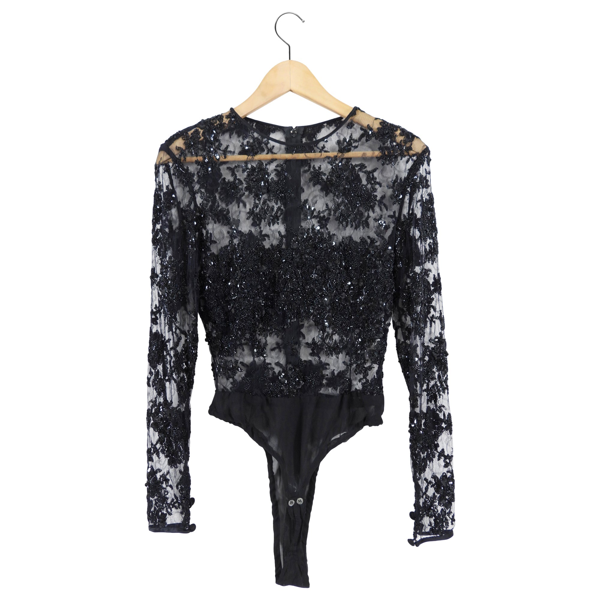 Juanita Sabadini Black Mesh Sheer Illusion Beaded Bodysuit - FR38 / USA 6