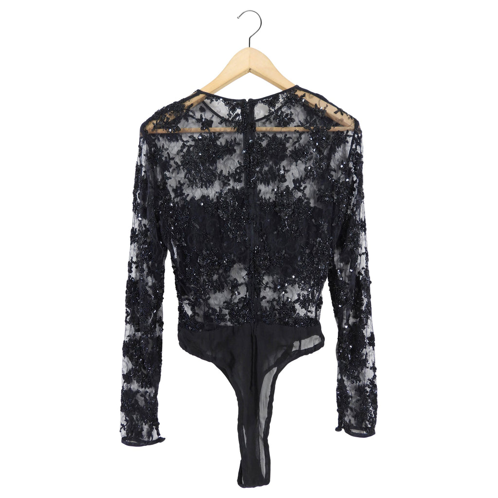 Juanita Sabadini Black Mesh Sheer Illusion Beaded Bodysuit - FR38 / USA 6