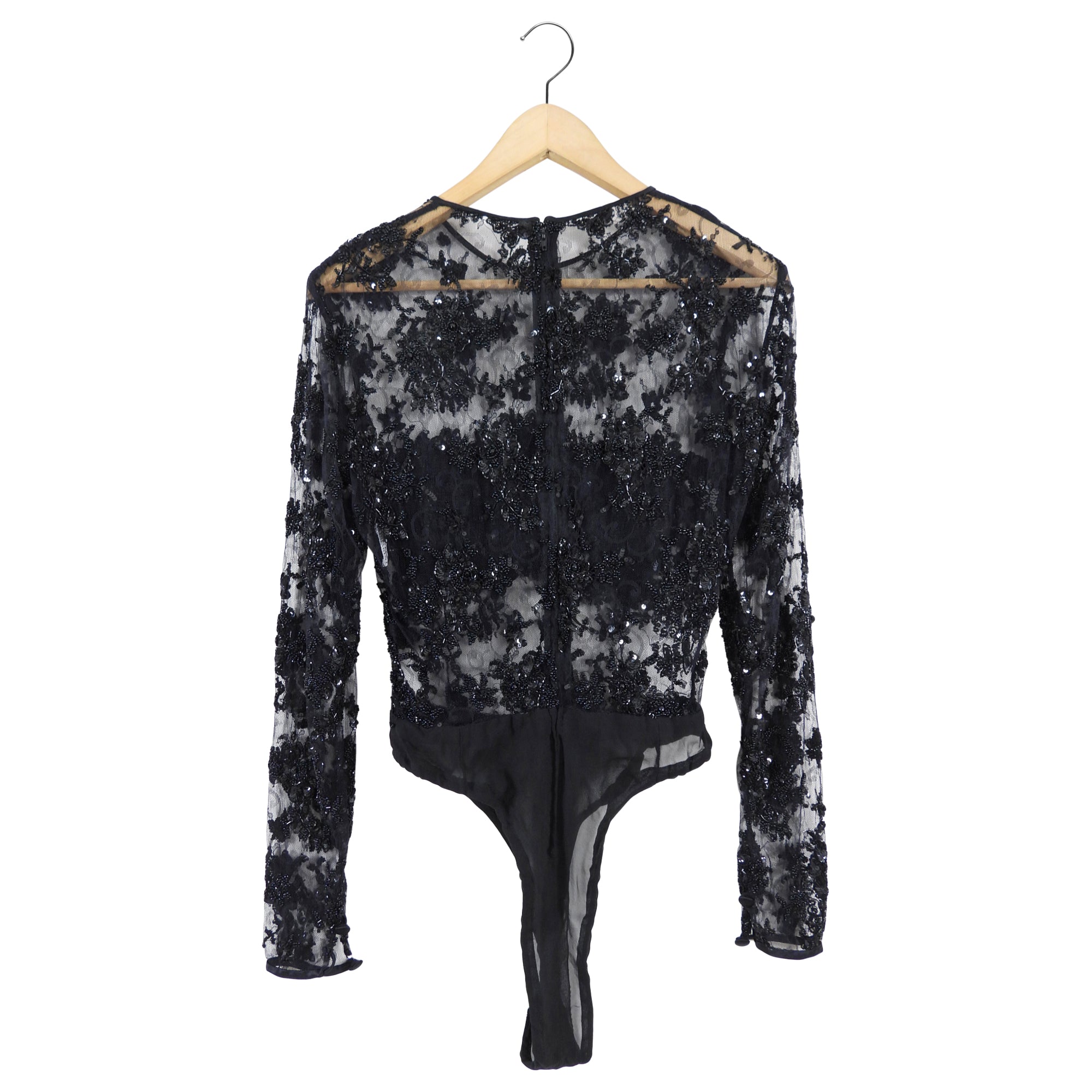 Juanita Sabadini Black Mesh Sheer Illusion Beaded Bodysuit - FR38 / USA 6