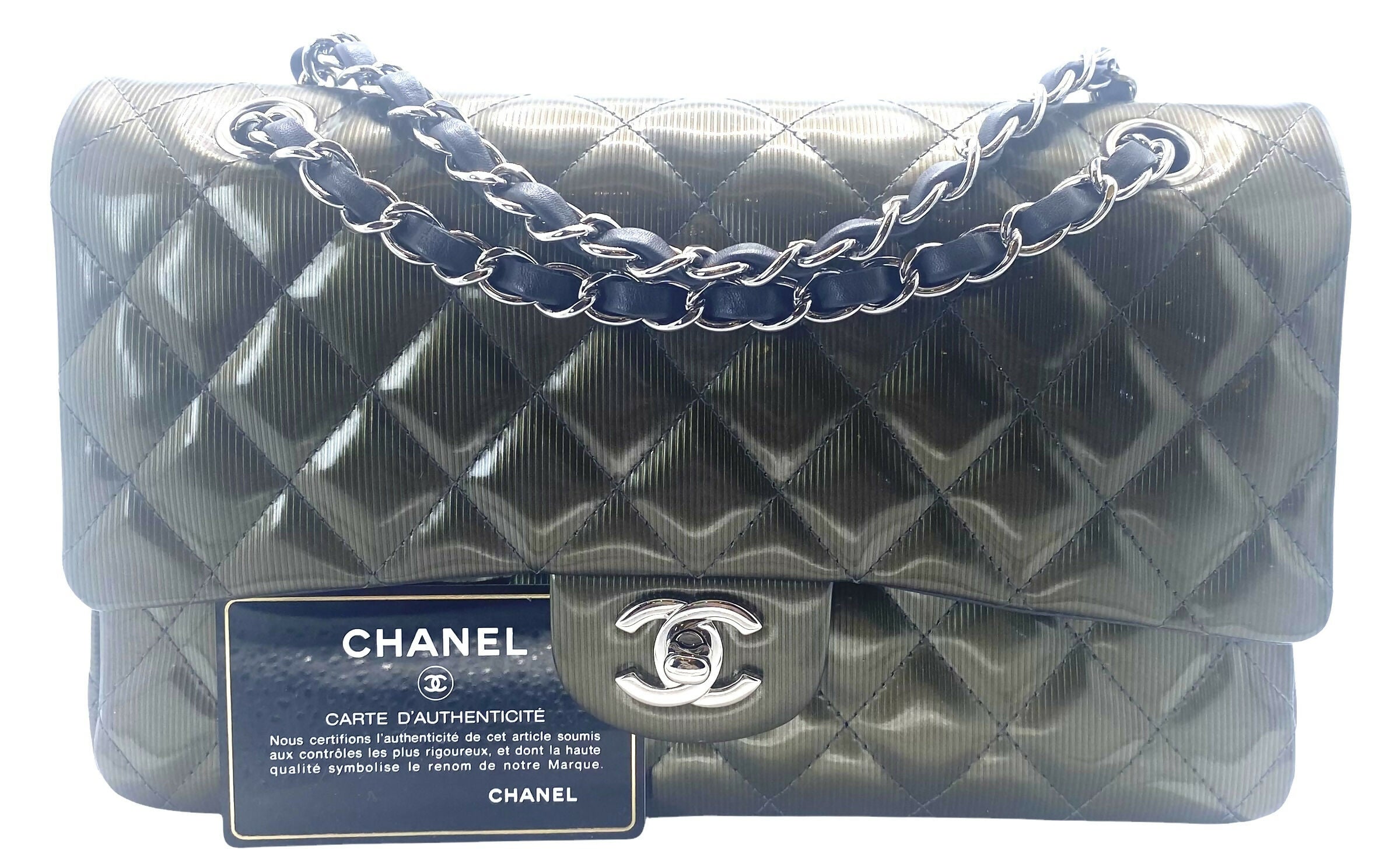 Chanel Medium Dark Green Straited Patent Leather Double Flap Timeless Classic Bag SHW