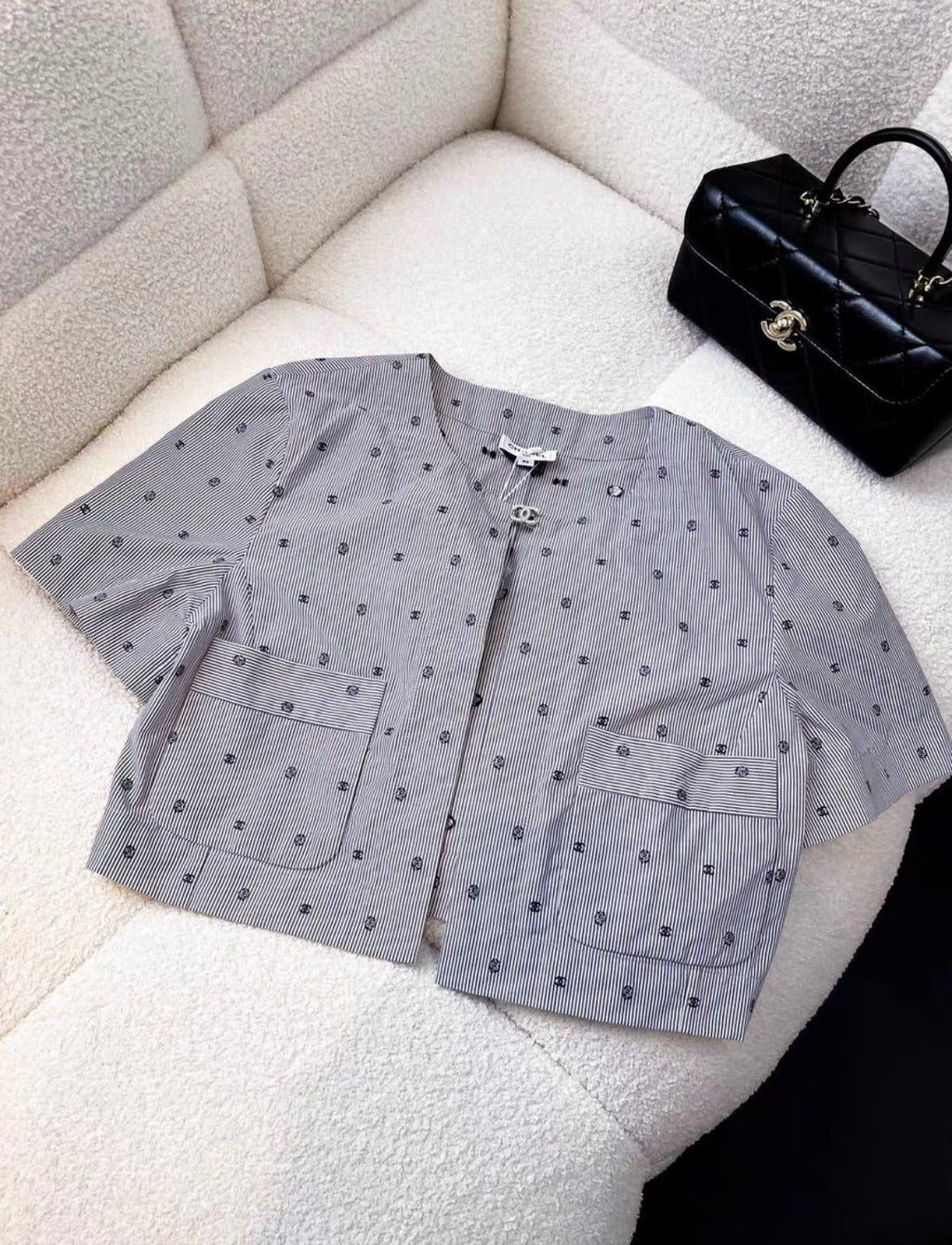 Chanel 24P Grey Polka Dot Full Logo shirt 36FR
