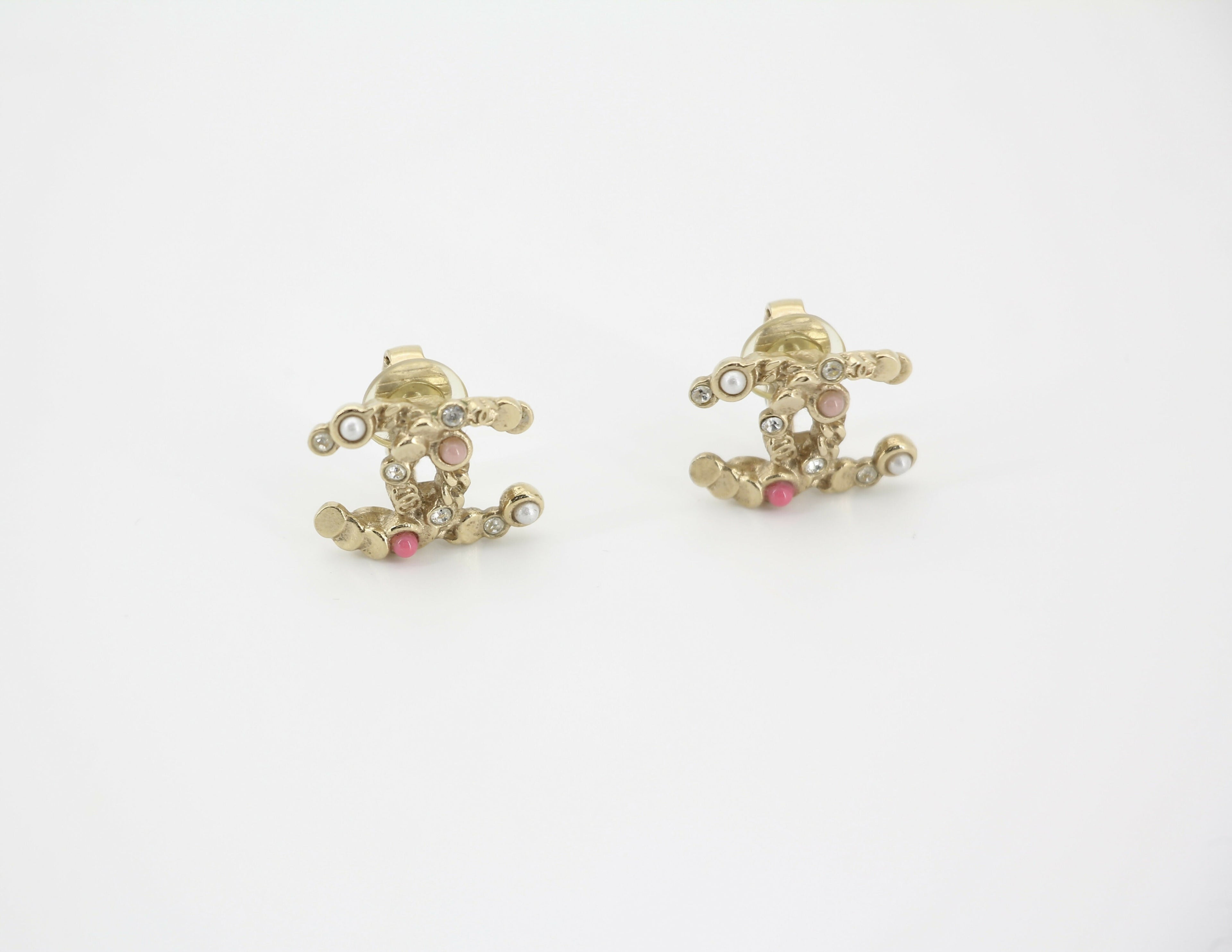 Chanel A19S Metal Dark Pink with Diamond CC Clip-on Earrings