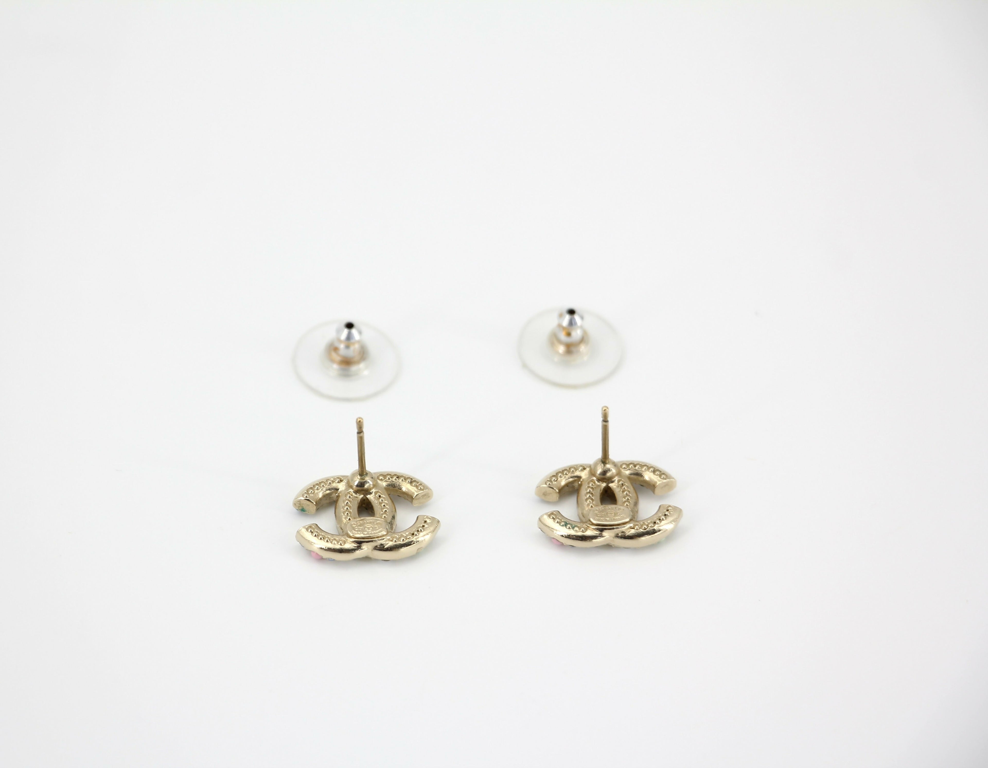 Chanel C21C Rhinestone Metal Multi-color Pebble Stud Earrings