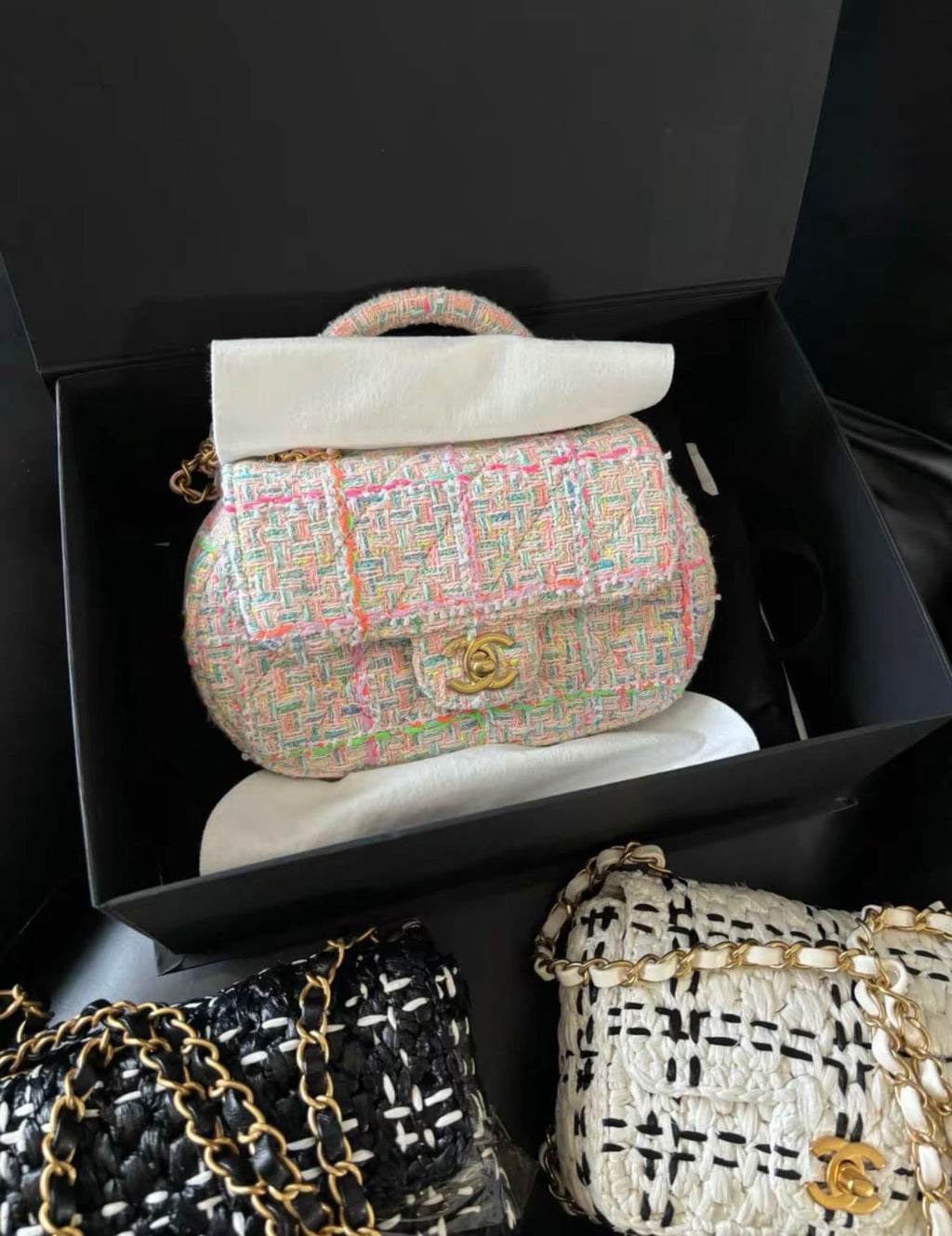 Chanel Mini Flap Bag with Top Handle Pink Tweed Antique Gold Hardware
