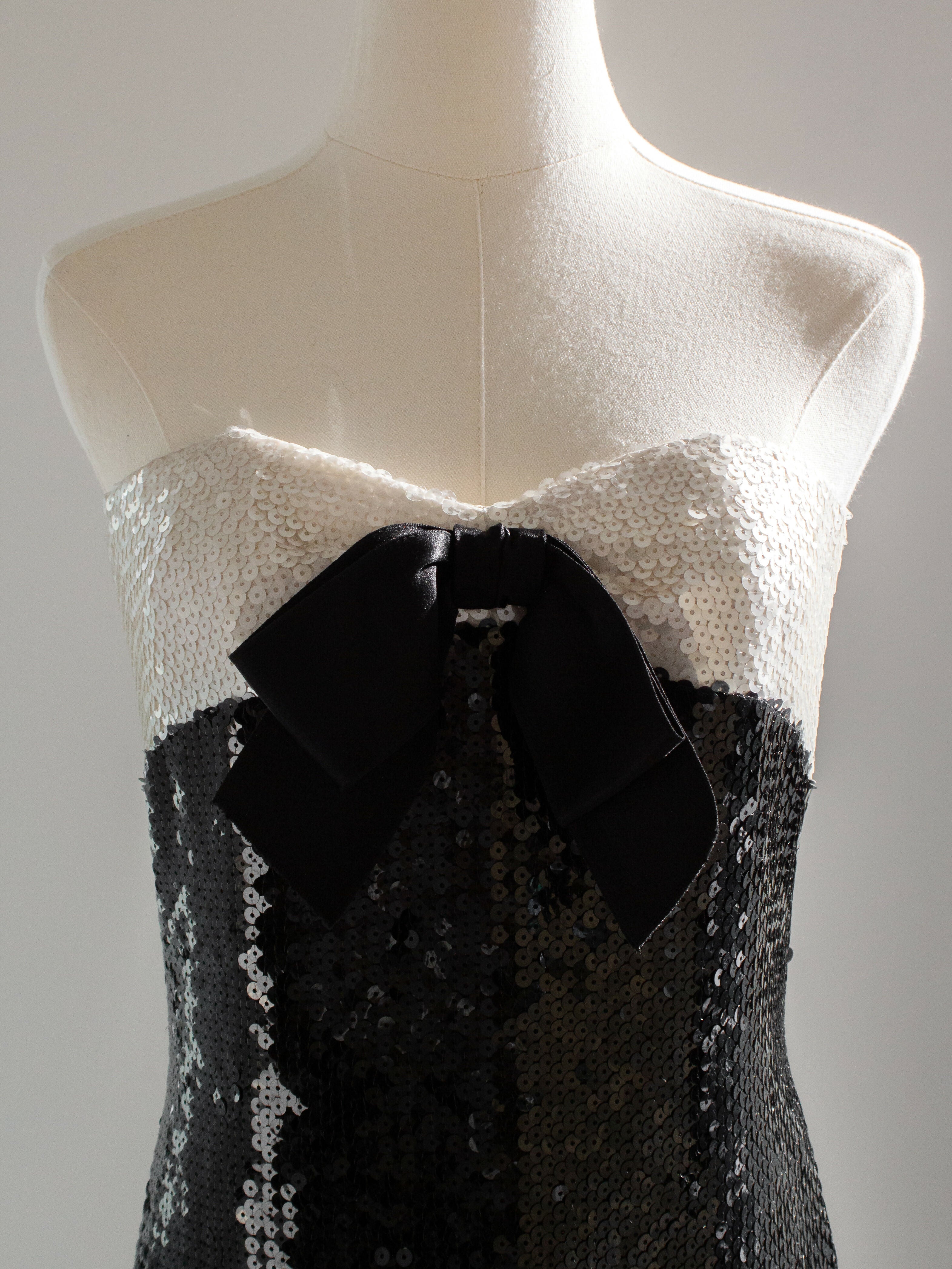 Chanel Vintage S/S 1987 White Black Sequin Embellished Bow Bustier Mini Dress