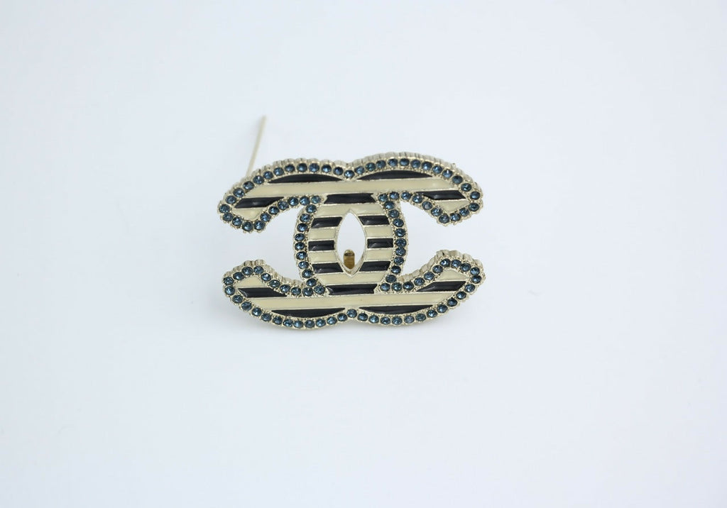 Chanel Vintage 06A Blue Rhinestone Beige Black Stripe Brooch