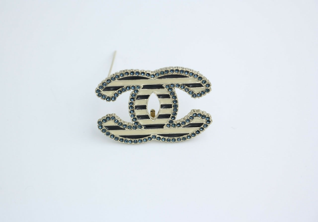 Chanel Vintage 06A Blue Rhinestone Beige Black Stripe Brooch