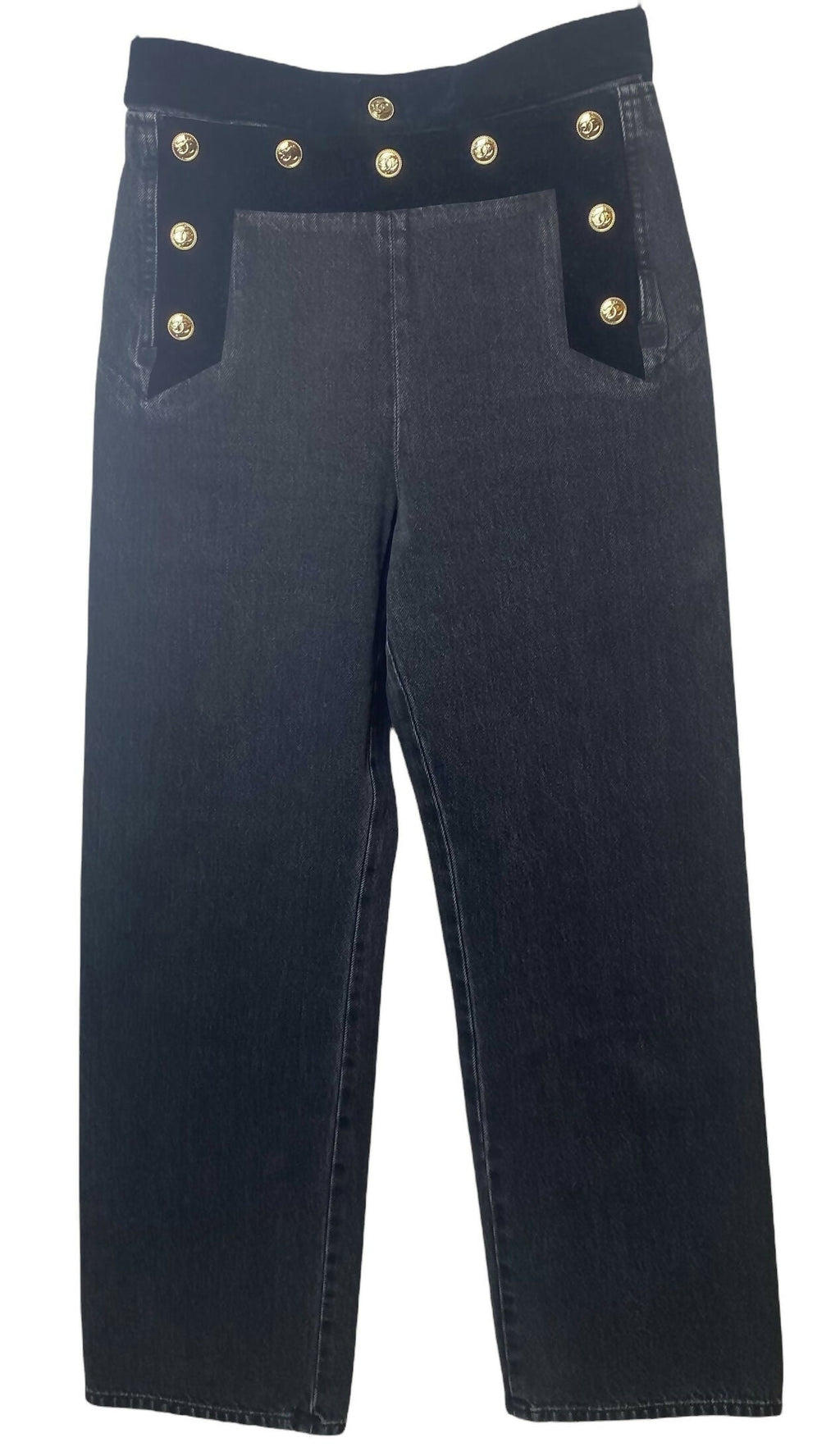 Chanel 20C Washed black velvet-trimmed cotton denim sailor boyfriend jeans FR 36
